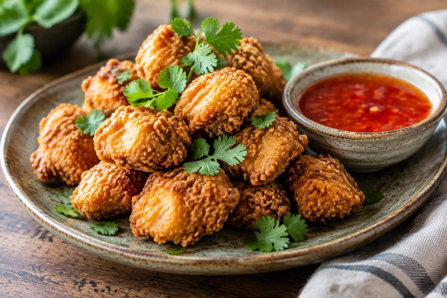 crispy thai chicken bites with sweet chili sauce and cilantro garnish on rustic plate