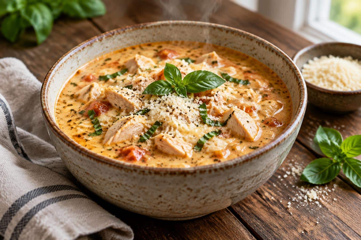 Creamy chicken parmesan soup in a bowl garnished with basil and parmesan cheese