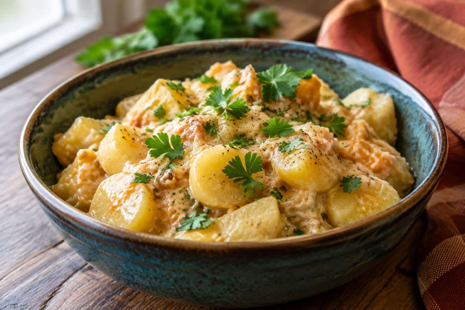 Close-up of crock pot swamp potatoes garnished with fresh herbs in a rustic bowl
