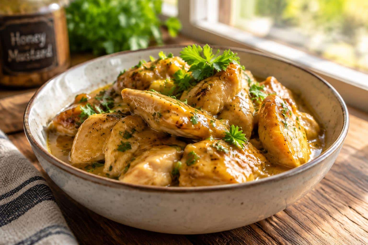 Tender honey mustard chicken in crockpot with savory sweet sauce and fresh parsley garnish