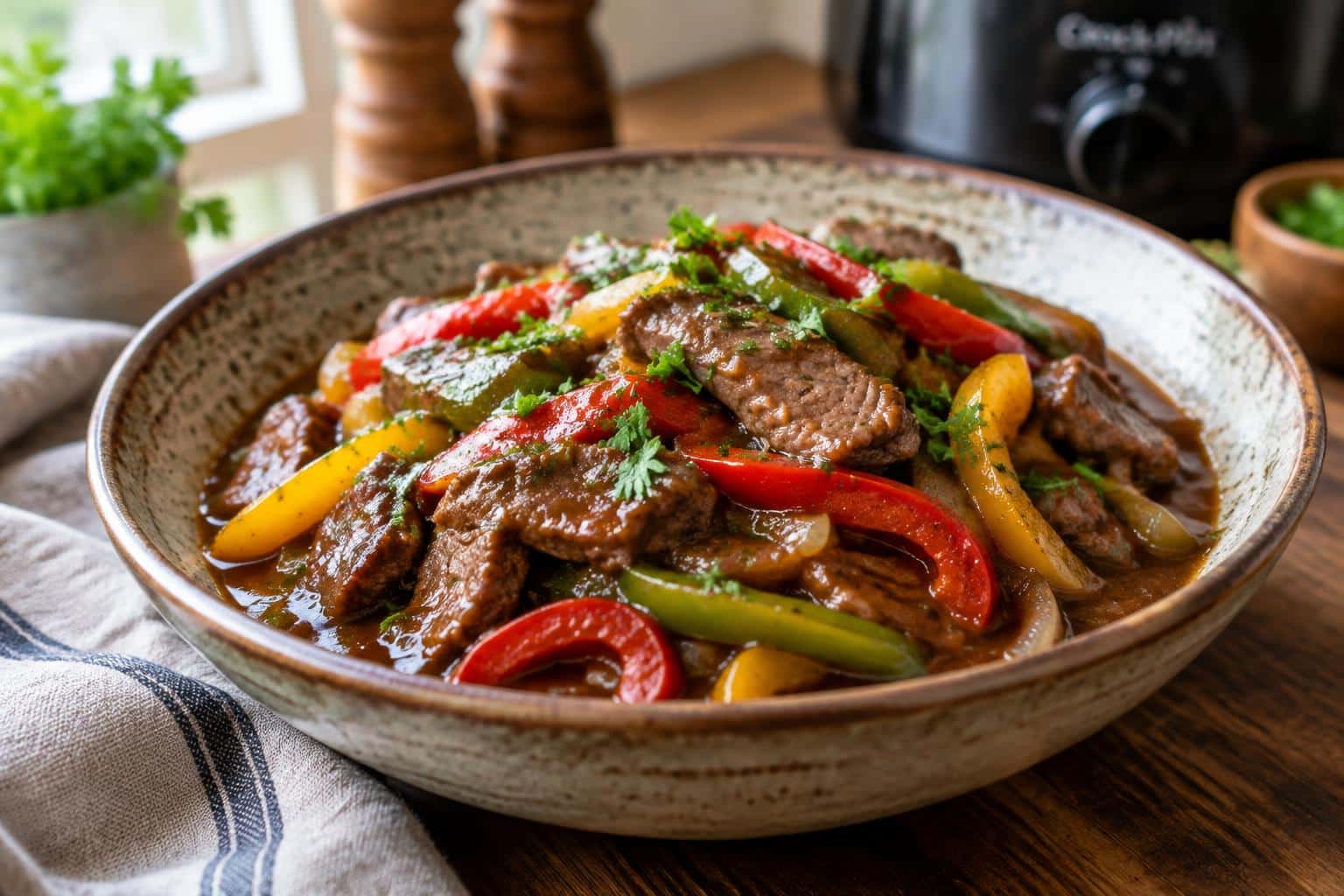 Crockpot pepper steak with tender beef and colorful peppers in savory sauce