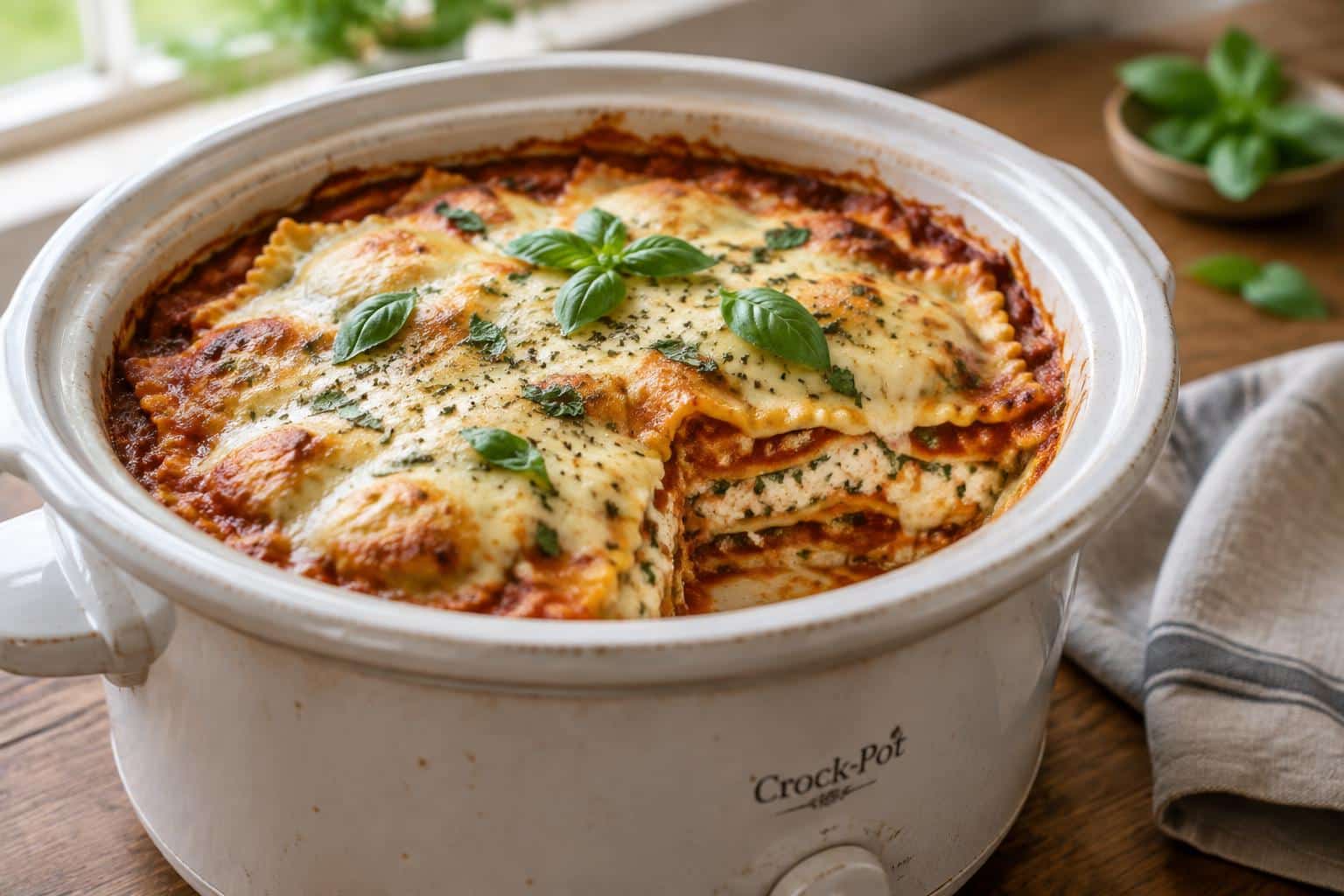 Crockpot ravioli lasagna with melted cheese and basil garnish in a white crockpot
