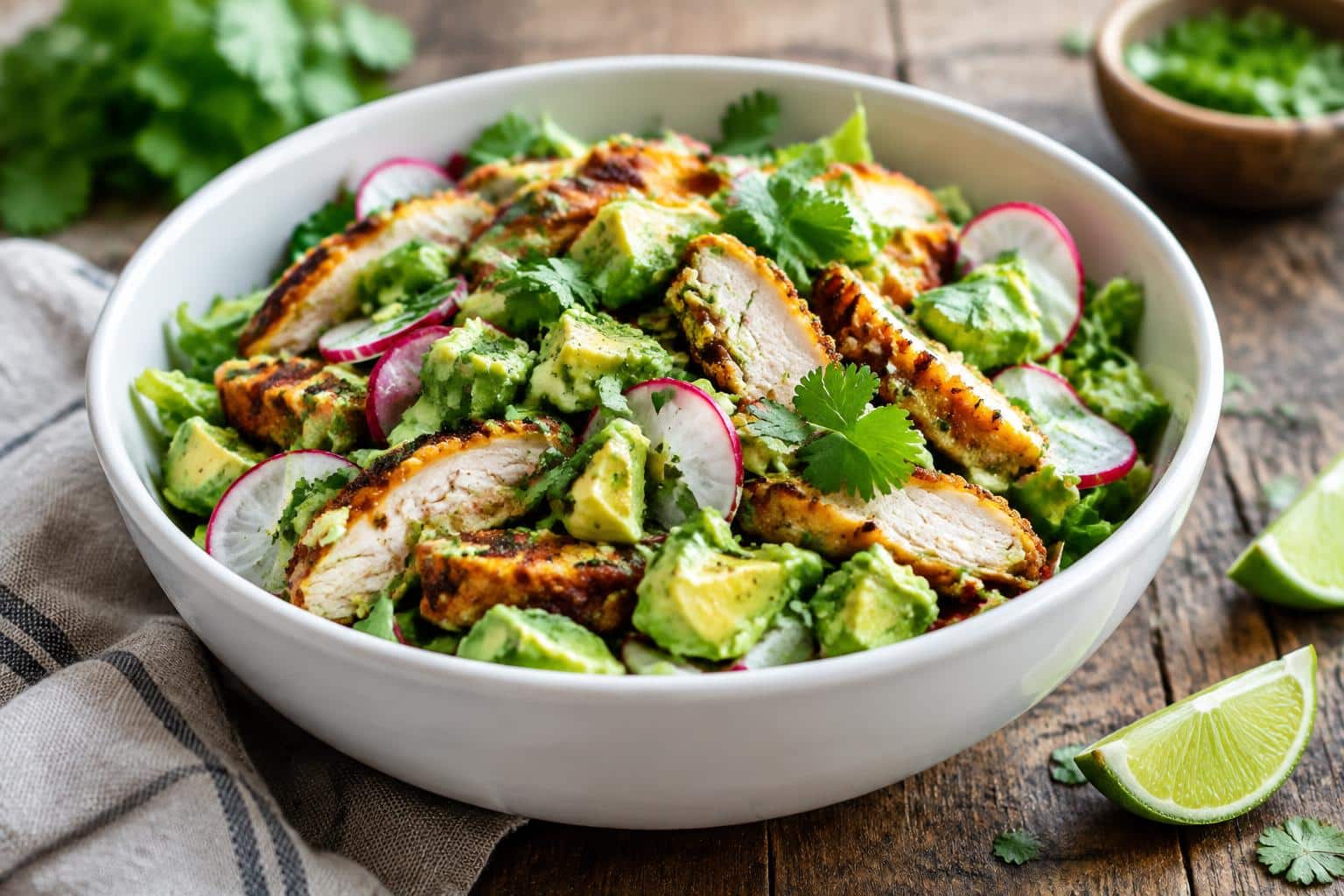 Crunchy avocado chicken salad in white bowl with garnish and lime wedges, avocado chicken salad