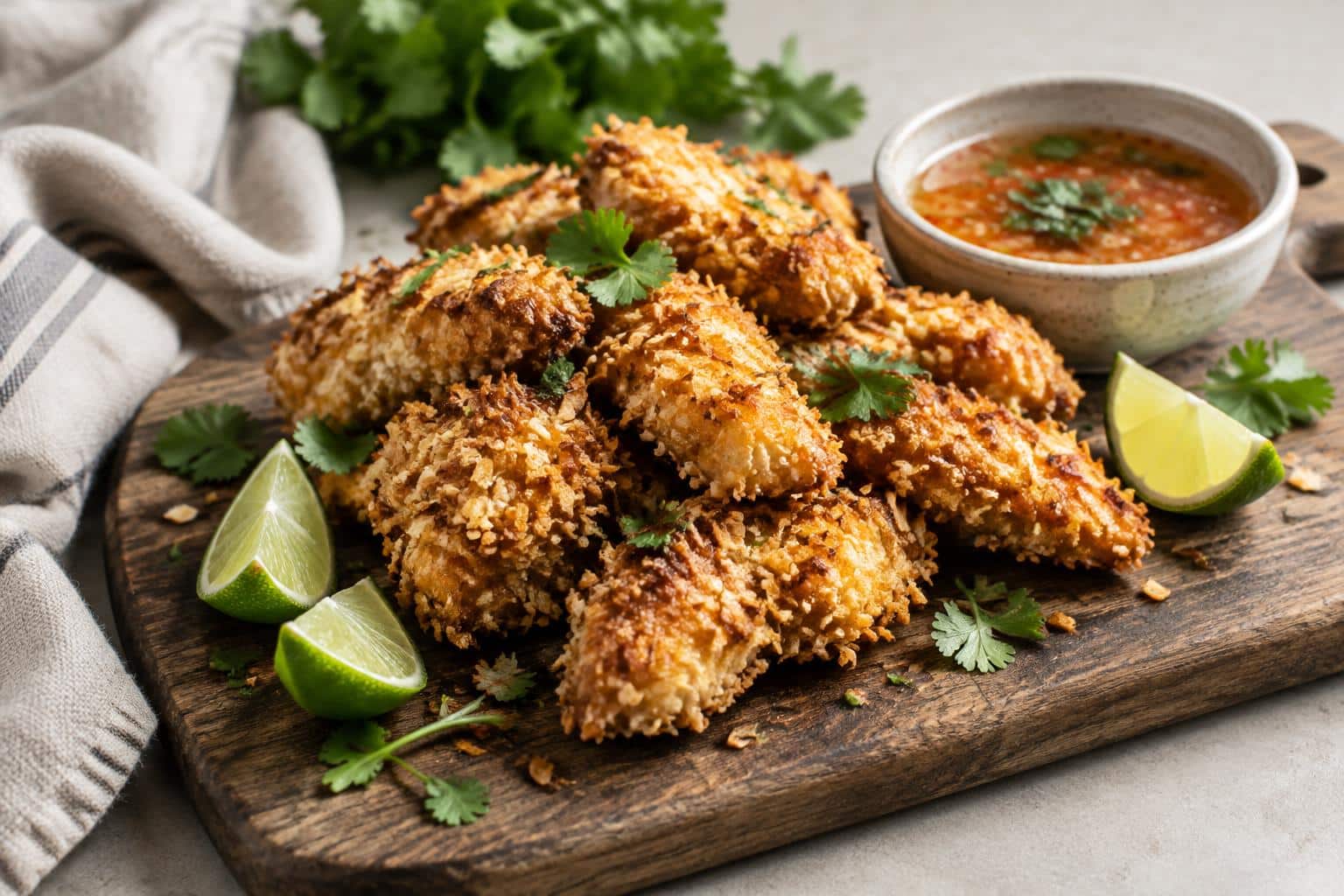 Crispy crunchy coconut chicken pieces garnished with cilantro and lime wedges
