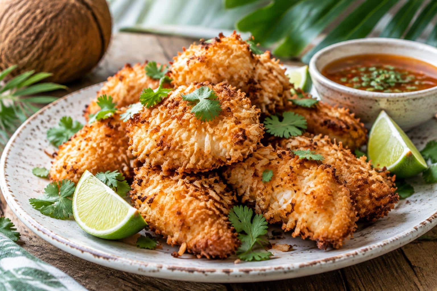 Plate of crunchy coconut chicken with crispy golden coating garnished with cilantro and lime wedges