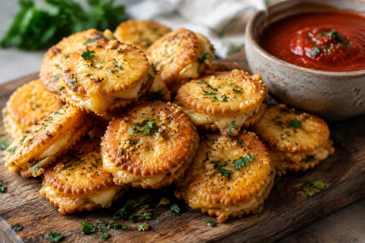 Golden crunchy garlic bread Ritz bites stacked on a rustic board with garlic bread ritz bites focus