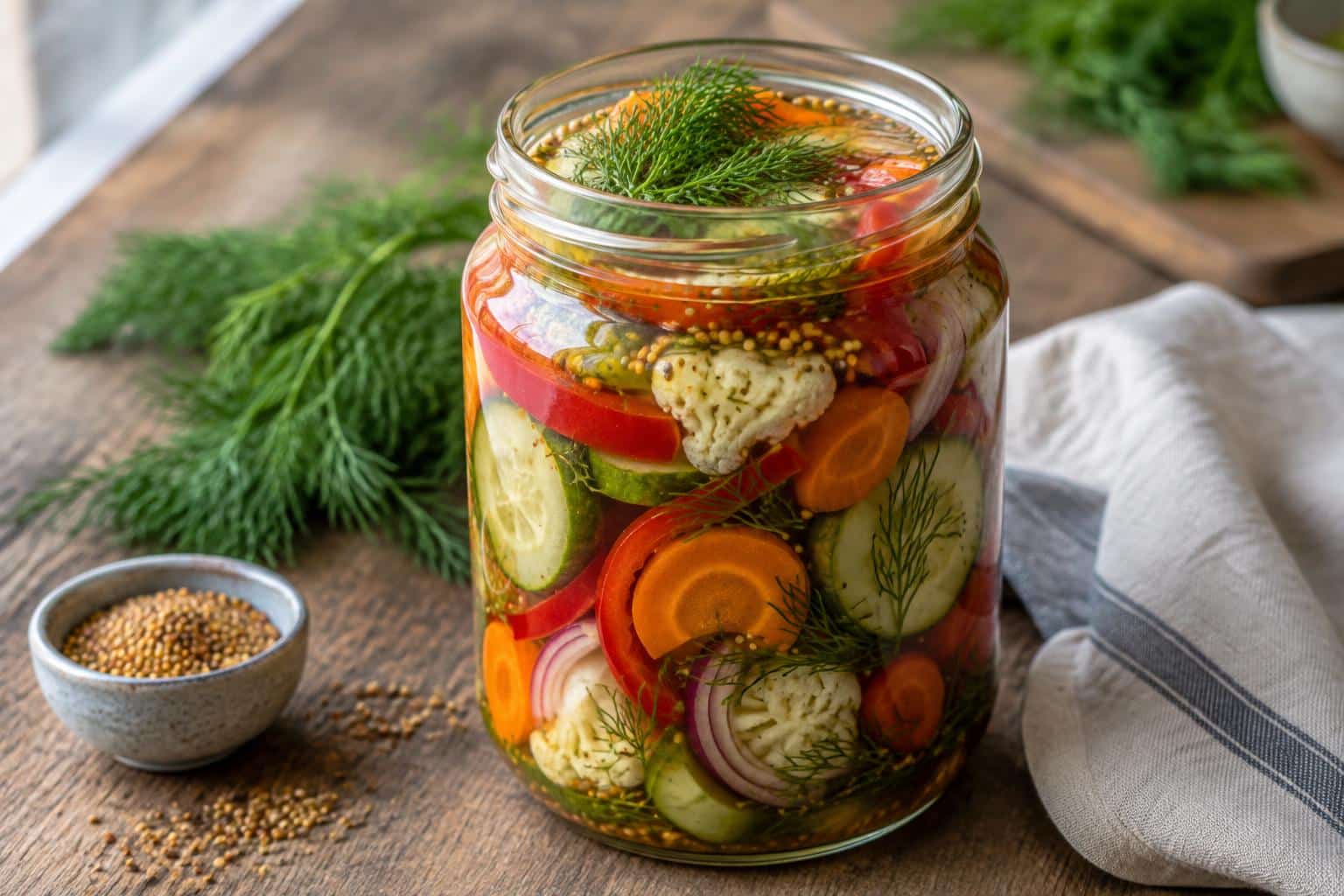 Jar of crunchy tangy refrigerator pickled vegetables with fresh dill garnish on rustic wooden table