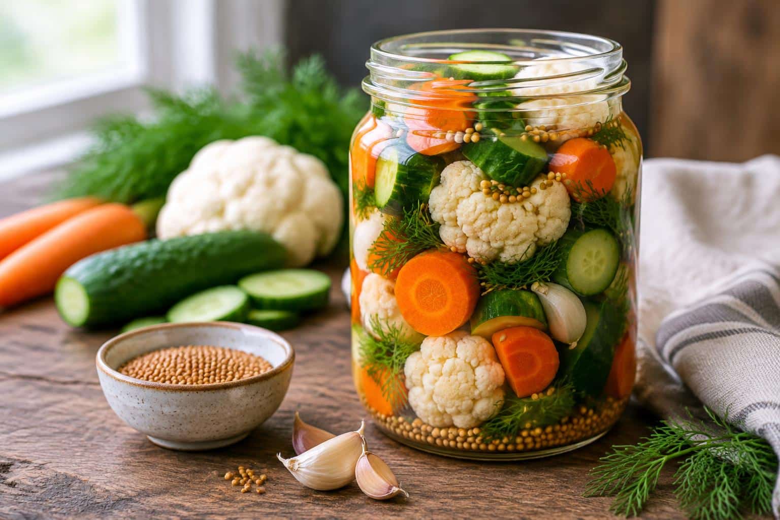 Jar of crunchy tangy refrigerator pickled vegetables with carrots and cucumbers in natural light
