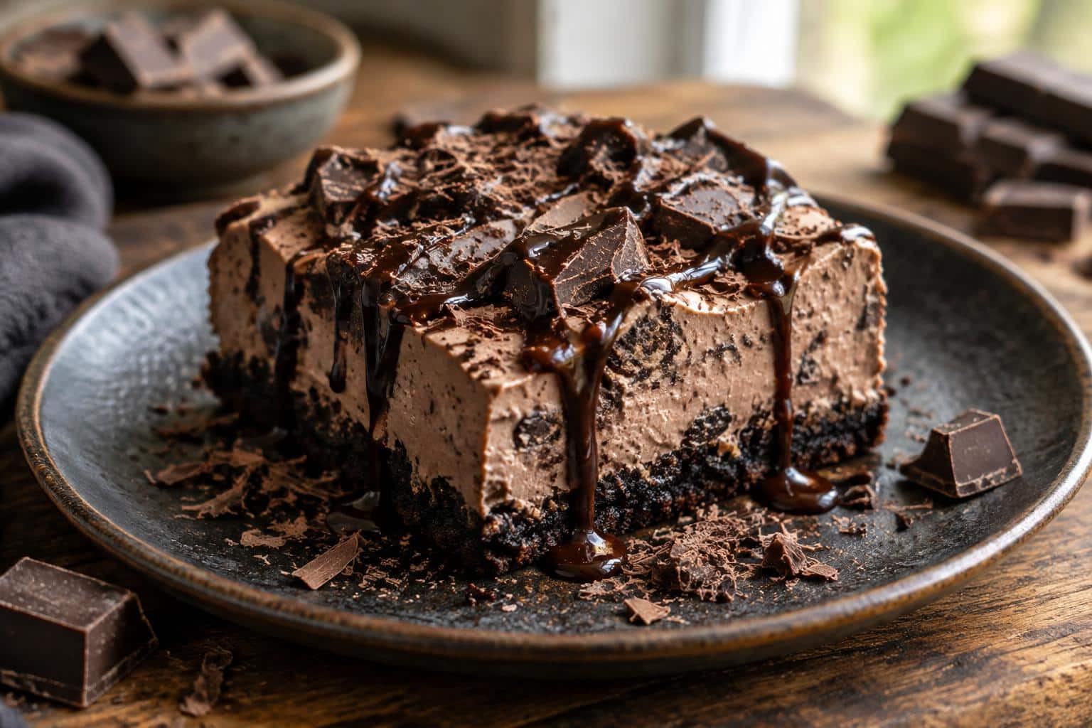 Death-By-Chocolate no bake cheesecake bars topped with chocolate shavings and sauce