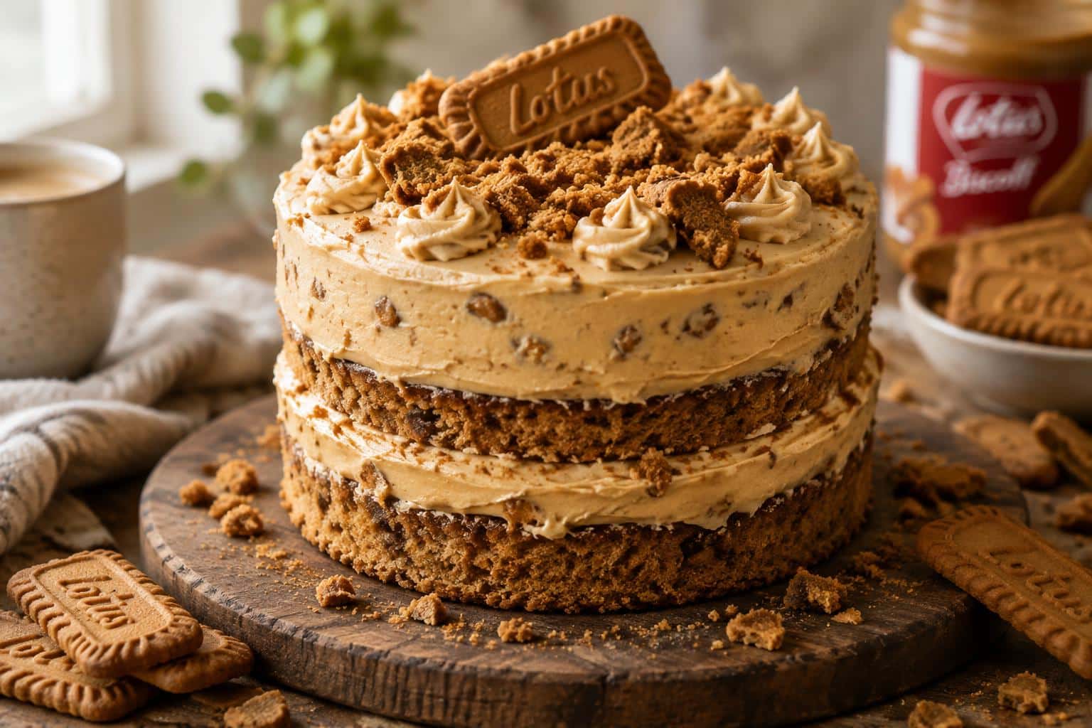6-inch two-layer biscoff cake with creamy biscoff butter frosting and cookie pieces