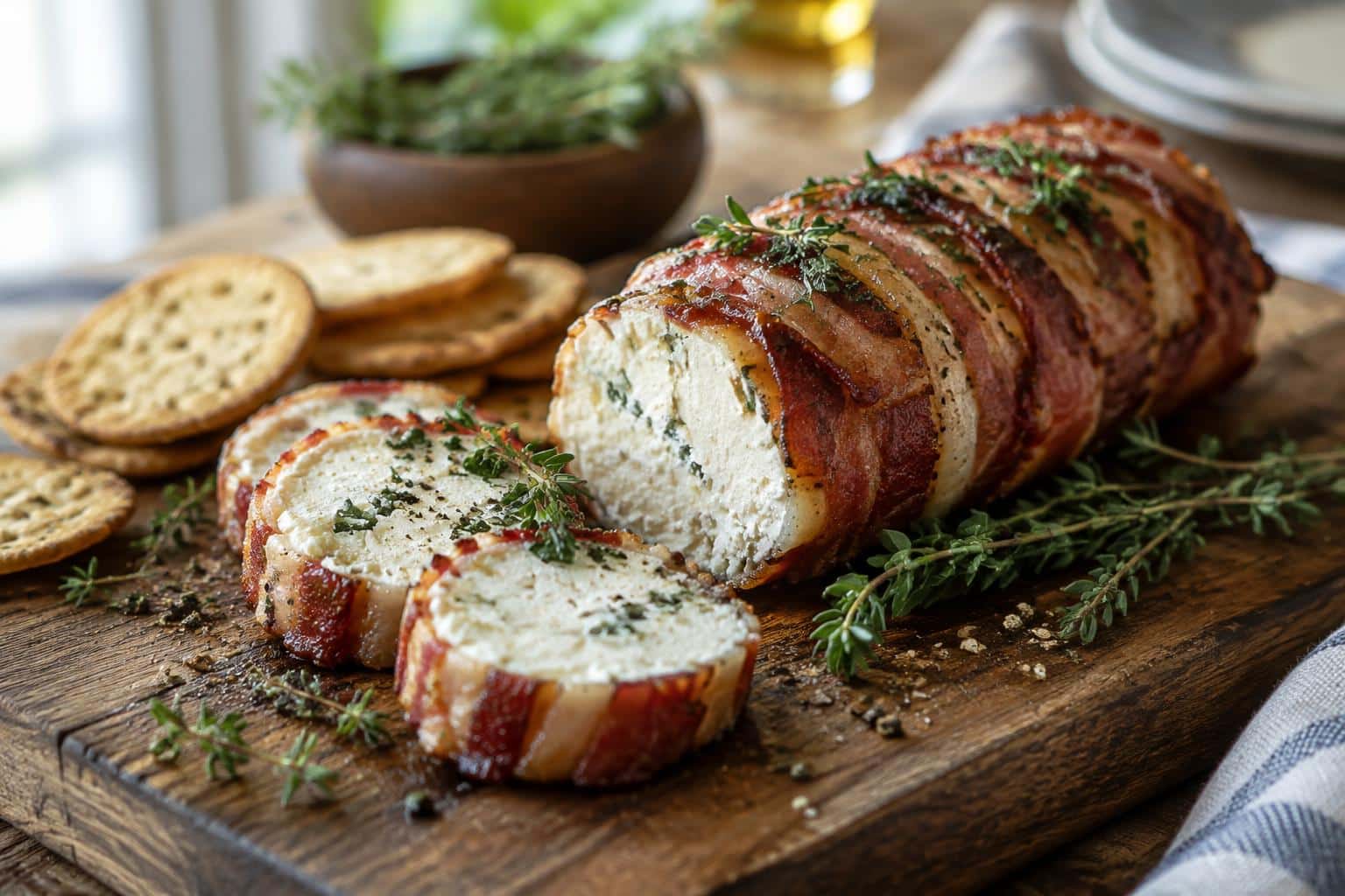Bacon goat cheese appetizer log garnished with herbs and black pepper on wooden board