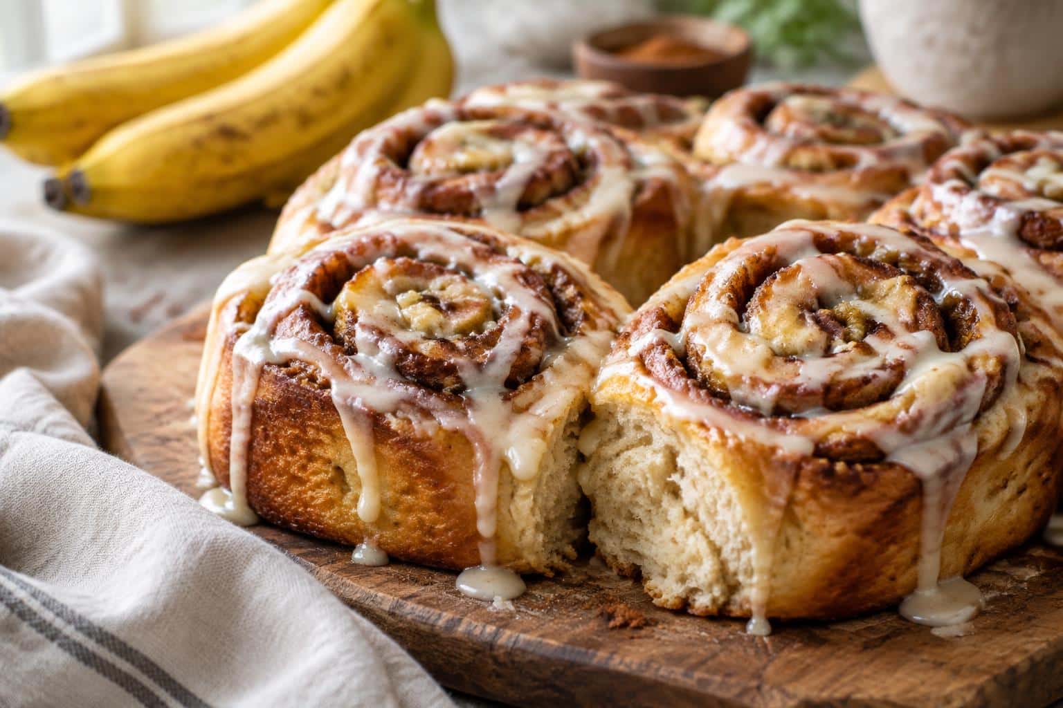 Freshly baked banana bread cinnamon rolls with creamy glaze on rustic board