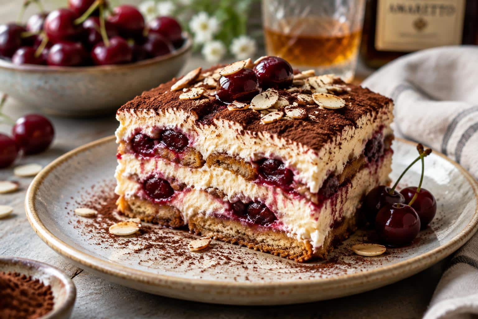 Slice of cherry amaretto tiramisu dessert with creamy layers and cherries visible