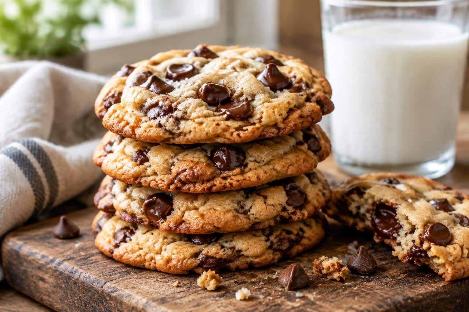 Freshly baked chewy chocolate chip cookies with gooey chocolate chips and golden edges