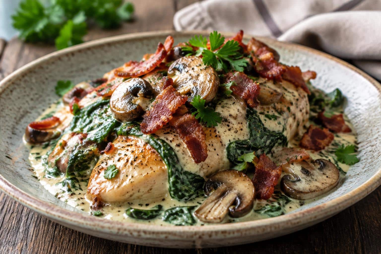 creamy spinach chicken smothered with bacon and mushrooms on rustic plate
