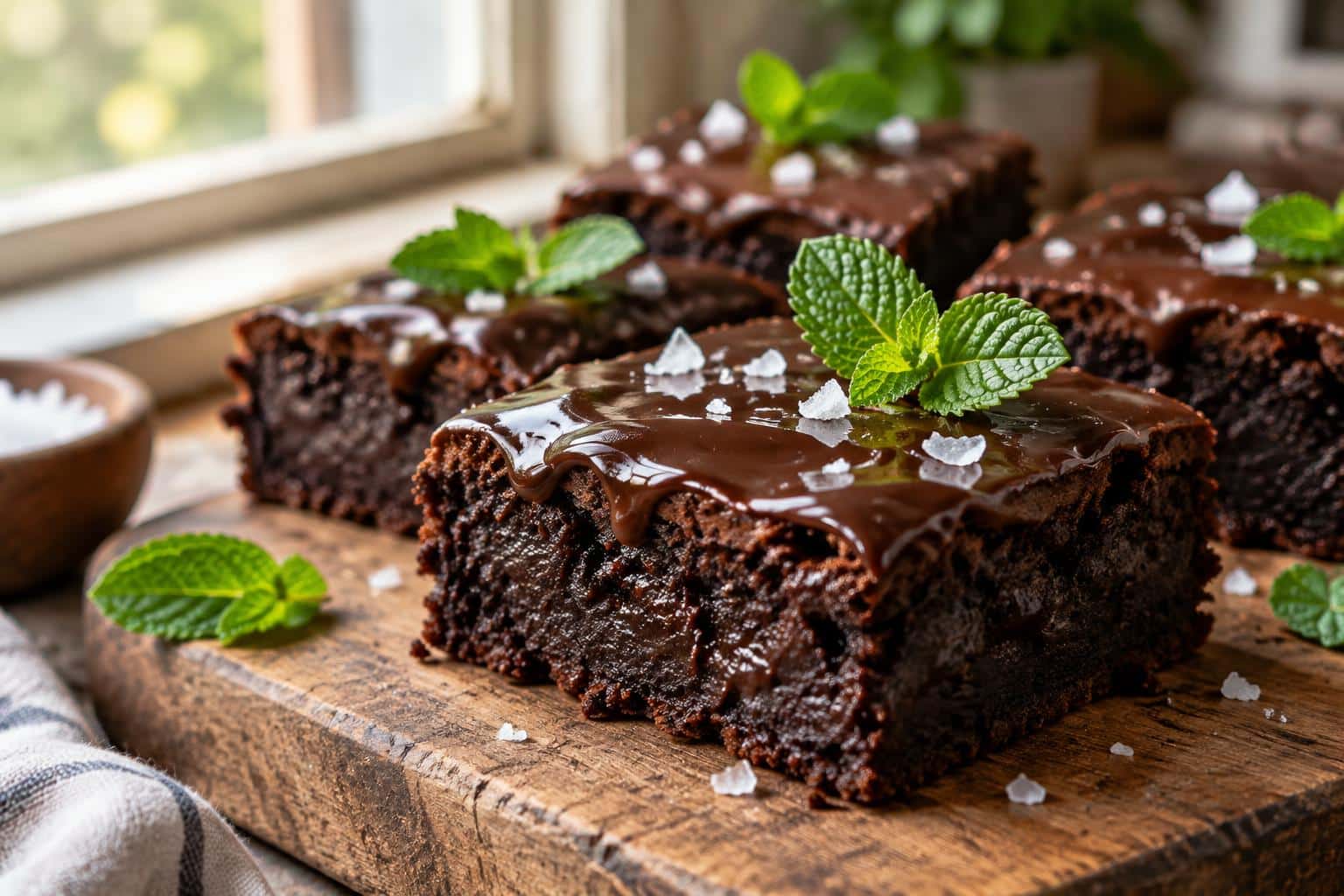 Decadent chocolate brownies topped with rich ganache bliss on rustic board