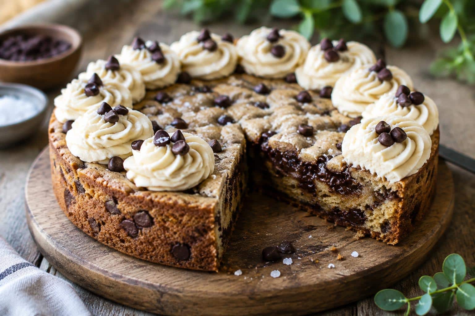 Decadent chocolate chip cookie cake topped with lush buttercream frosting and chocolate chips