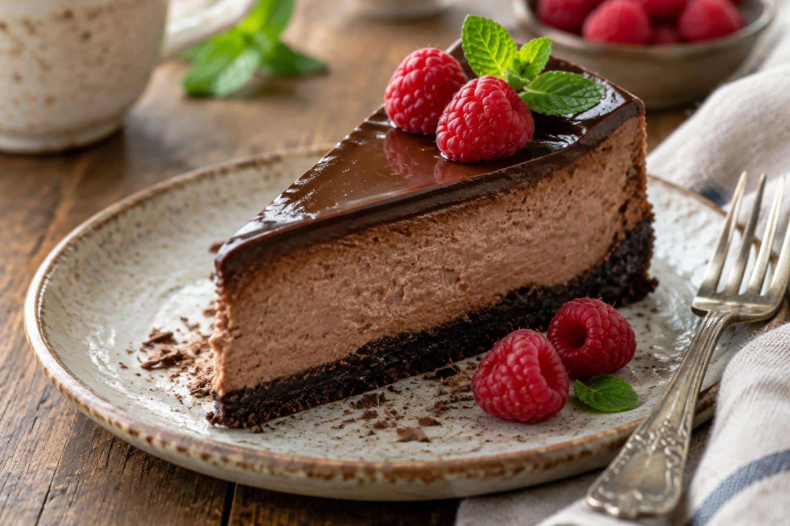 Slice of chocolate mascarpone cheesecake with ganache and fresh raspberries on rustic plate