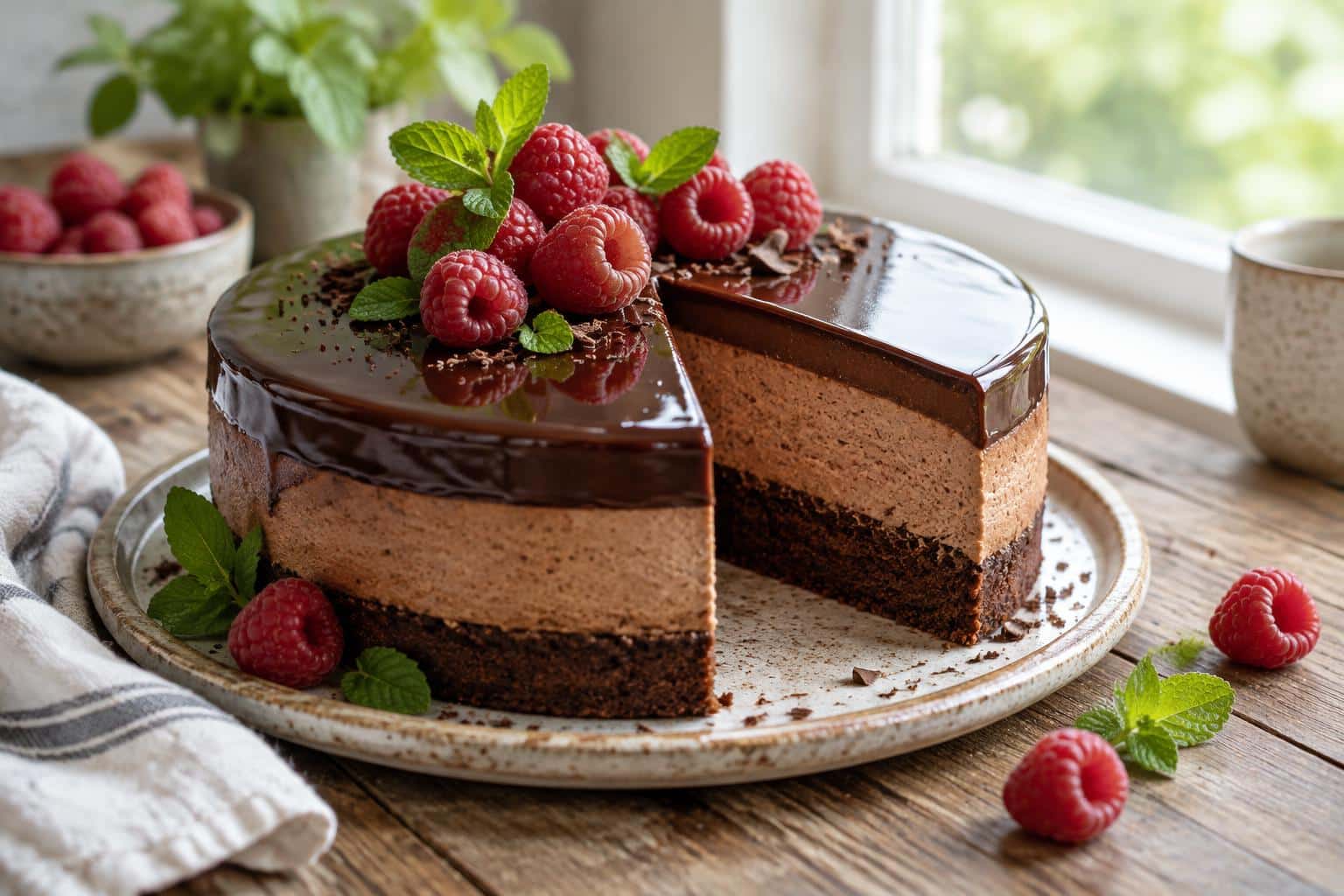 Decadent chocolate mousse cake with glossy chocolate glaze and fresh raspberry garnish