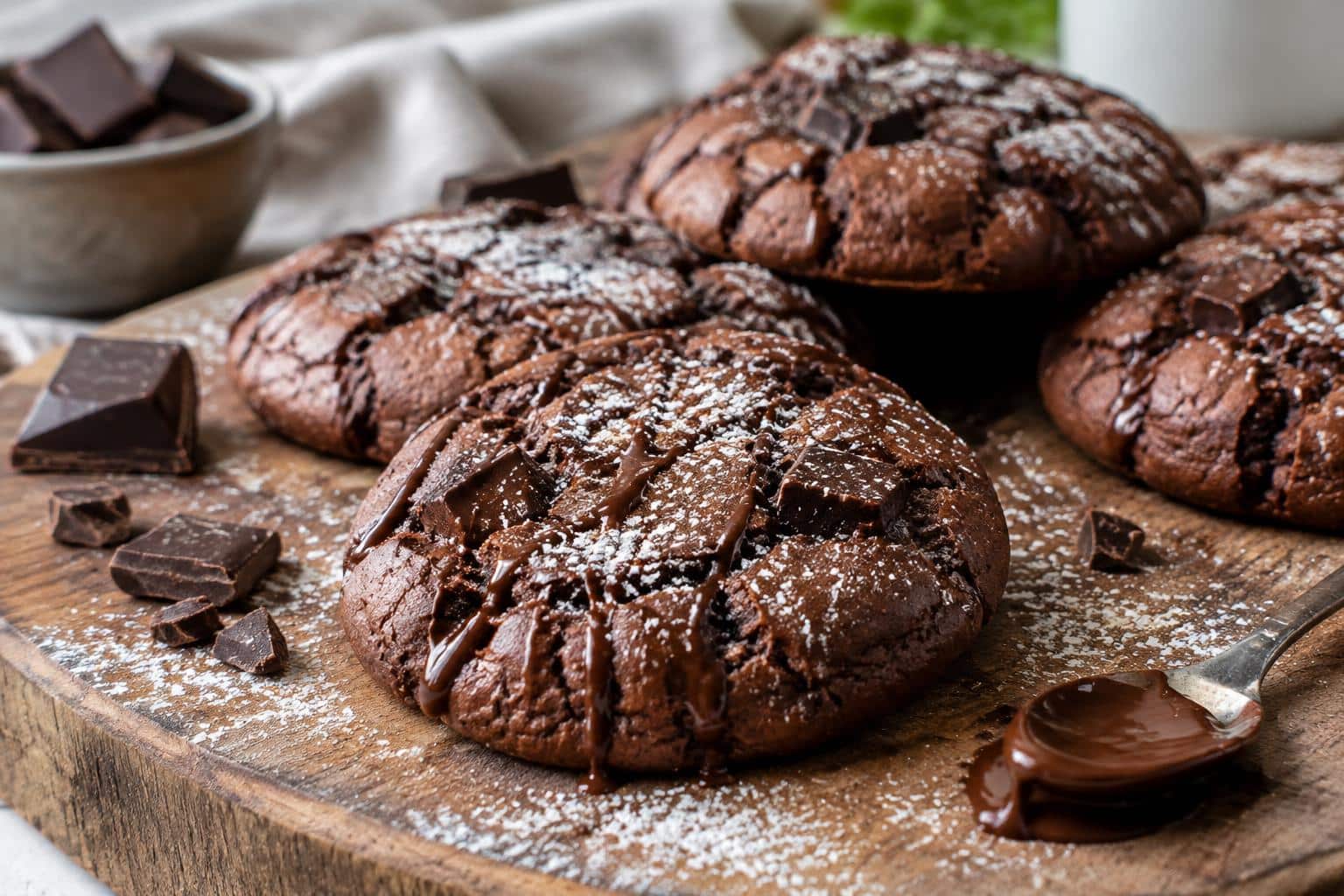 Delicious cookies façon brownie with fudgy centers and crispy edges on rustic board