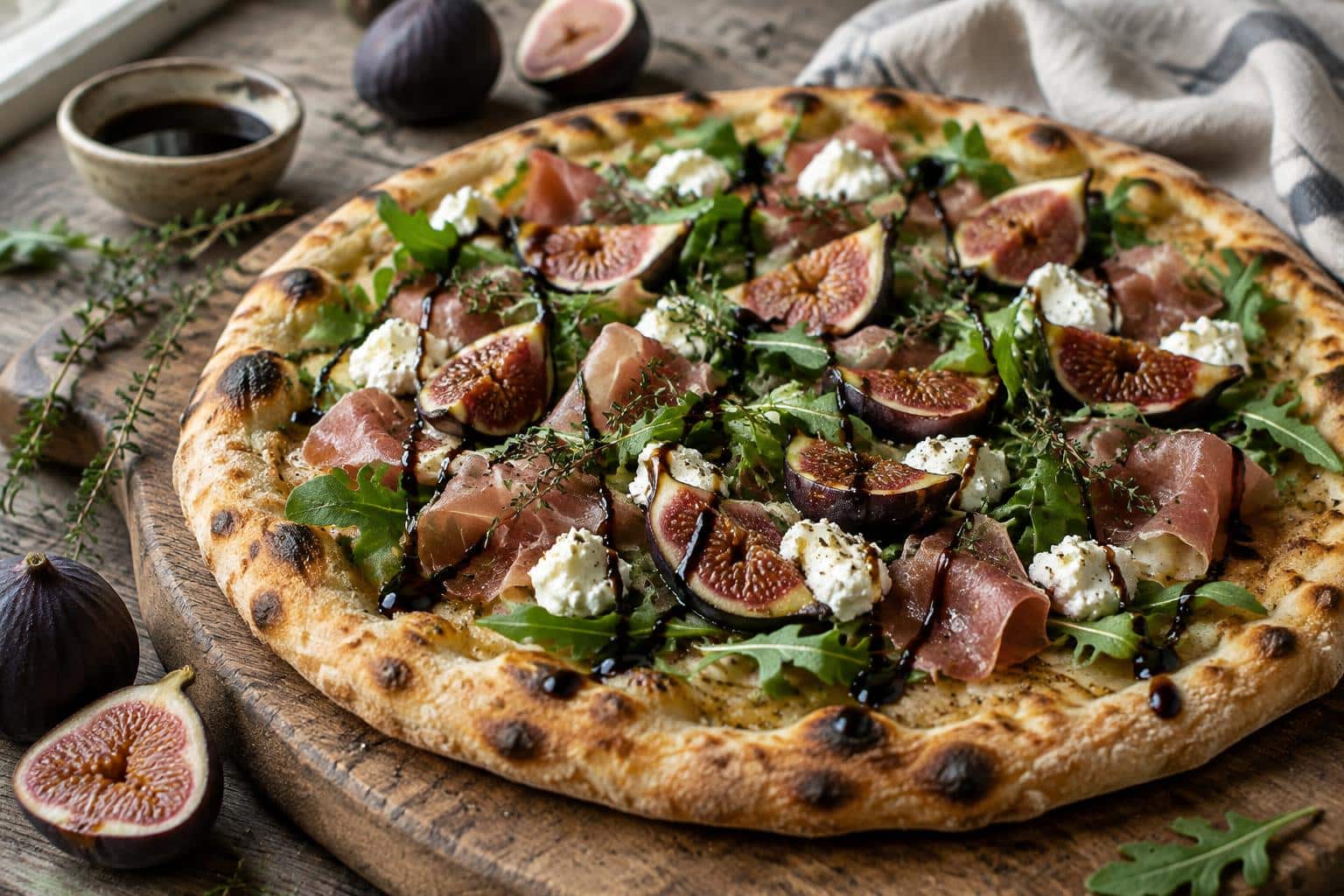 Fig prosciutto pizza topped with creamy goat cheese and fresh arugula on a rustic wooden board