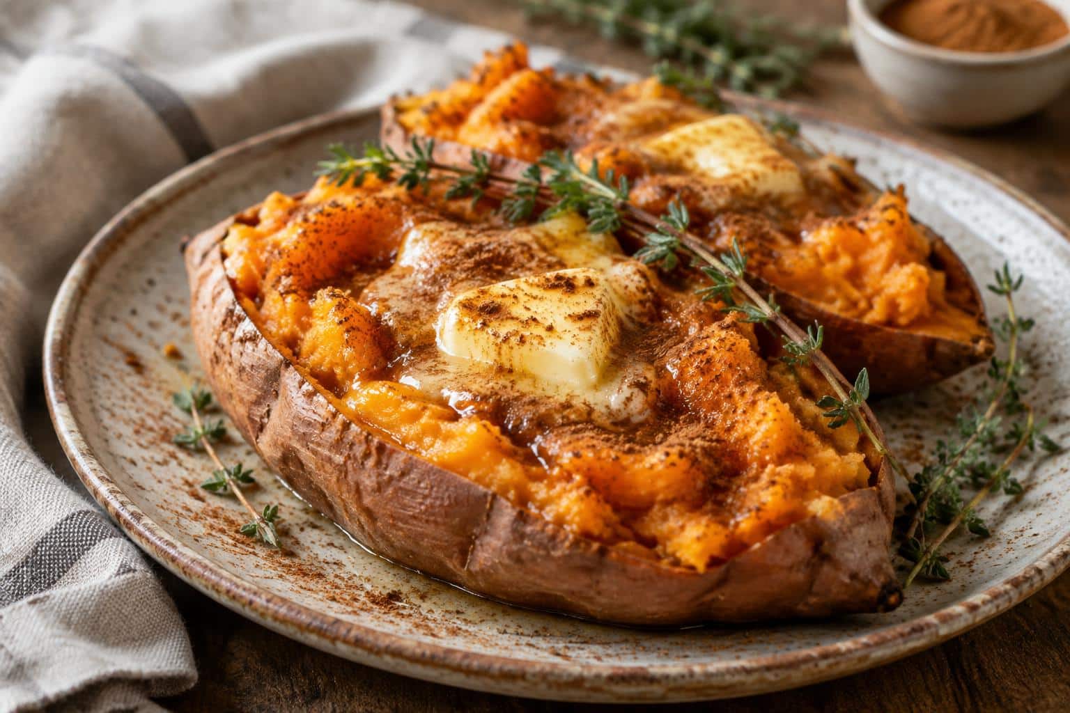 Fluffy cinnamon butter sweet potatoes with cinnamon swirl and fresh thyme garnish
