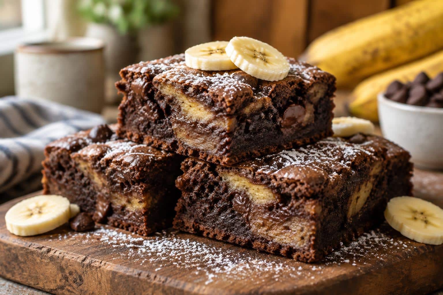 Fudgy banana bread brownies stacked with banana slices and powdered sugar, showcasing moist texture