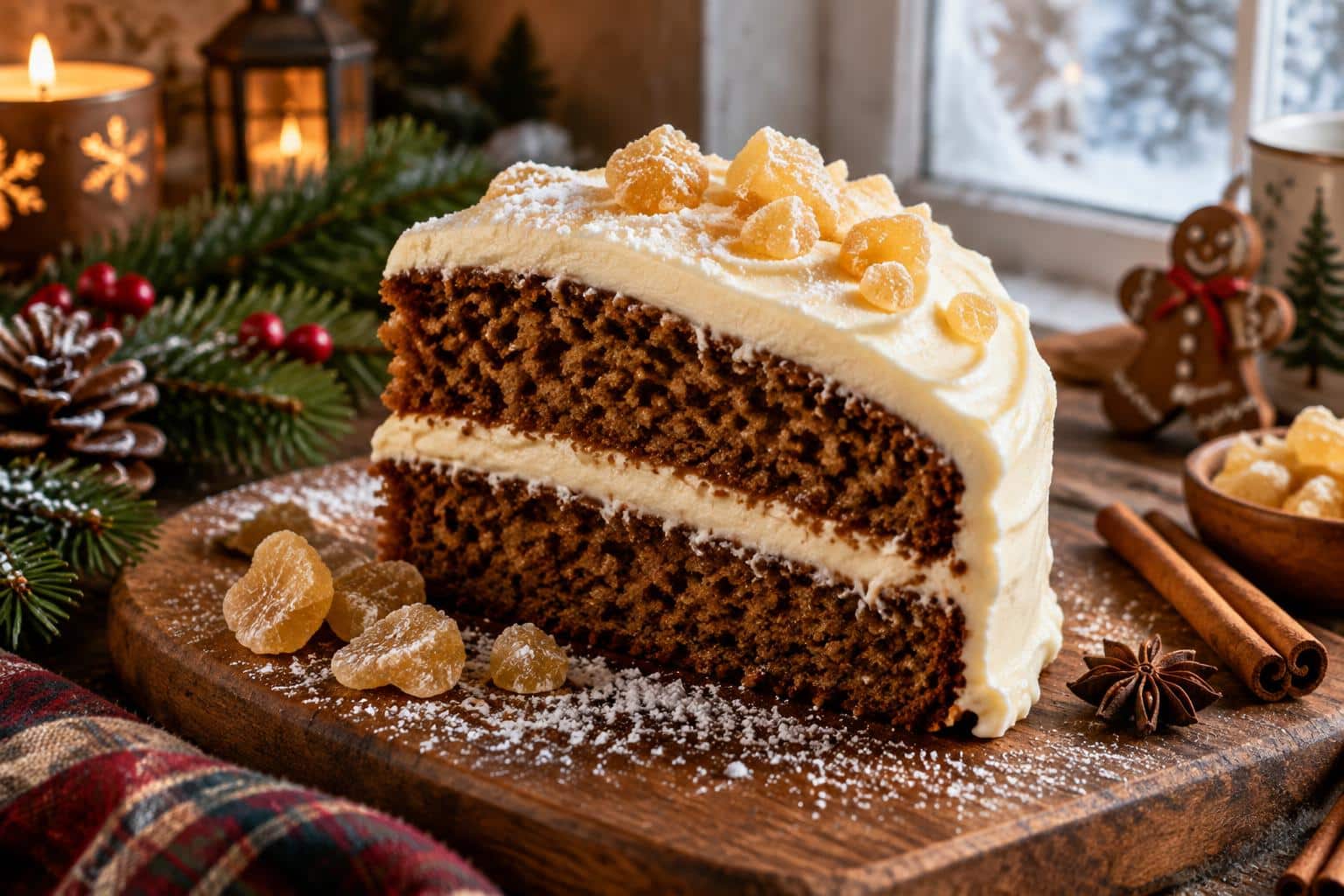 slice of gingerbread delight cake with cream cheese frosting and crystallized ginger garnish
