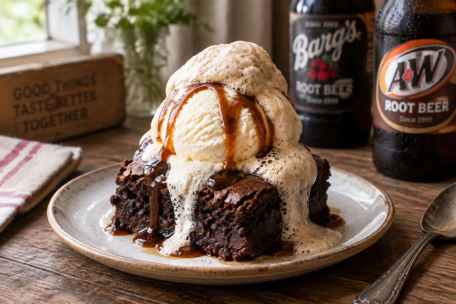 Decadent homemade root beer float brownies topped with vanilla ice cream and root beer syrup