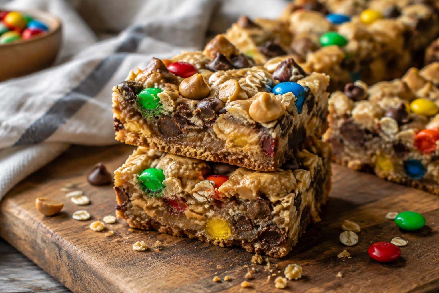 Decadent monster cookie bars with oats, chocolate chips, peanut butter, and M&Ms on rustic board