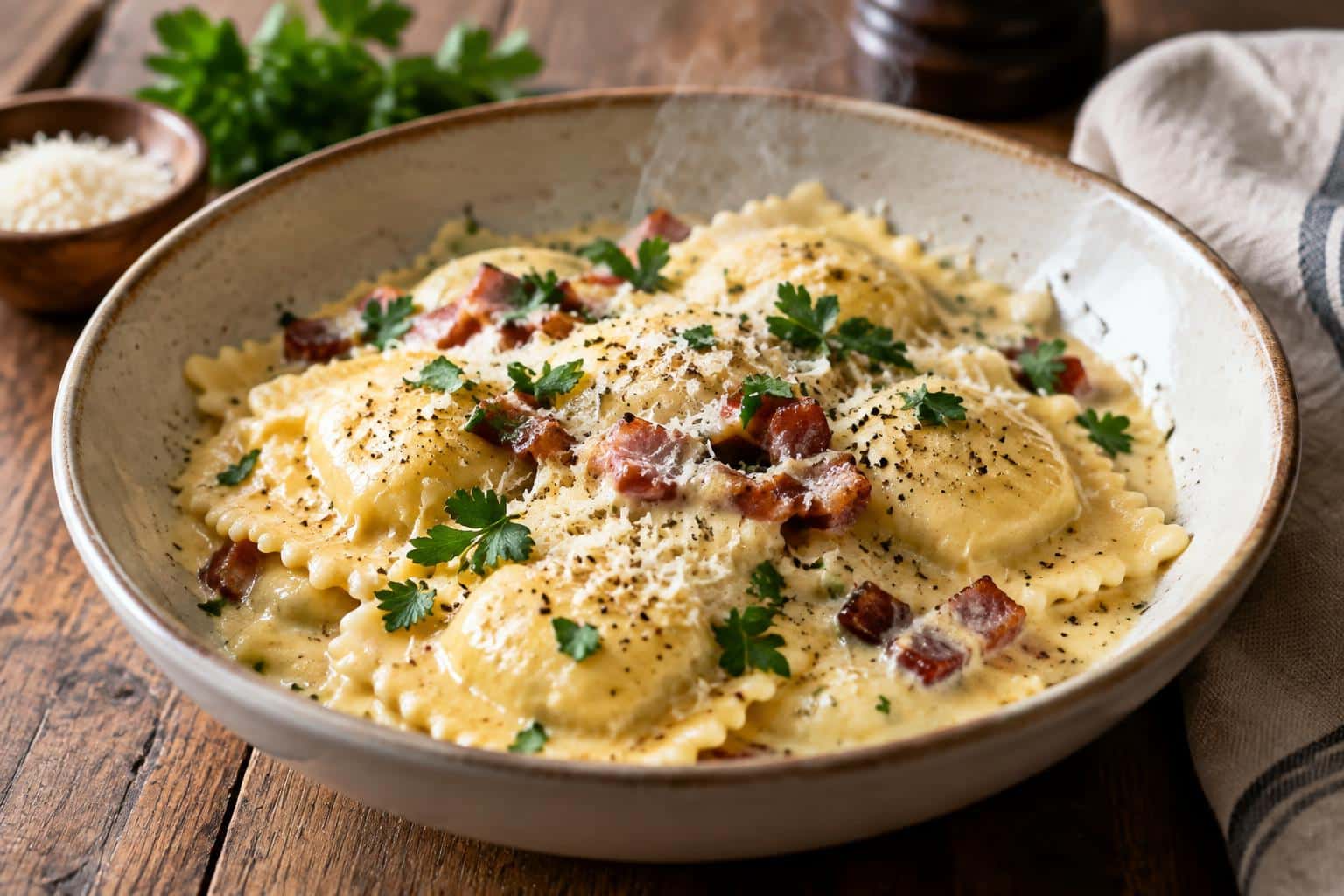 Creamy ravioli carbonara garnished with parsley and black pepper, showcasing rich sauce and tender pasta