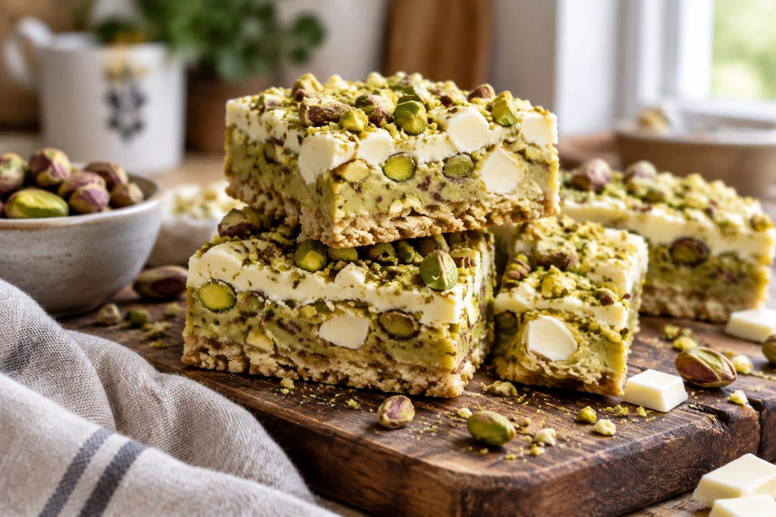 Decadent pistachio dream bars with white chocolate chunks and pistachio garnish