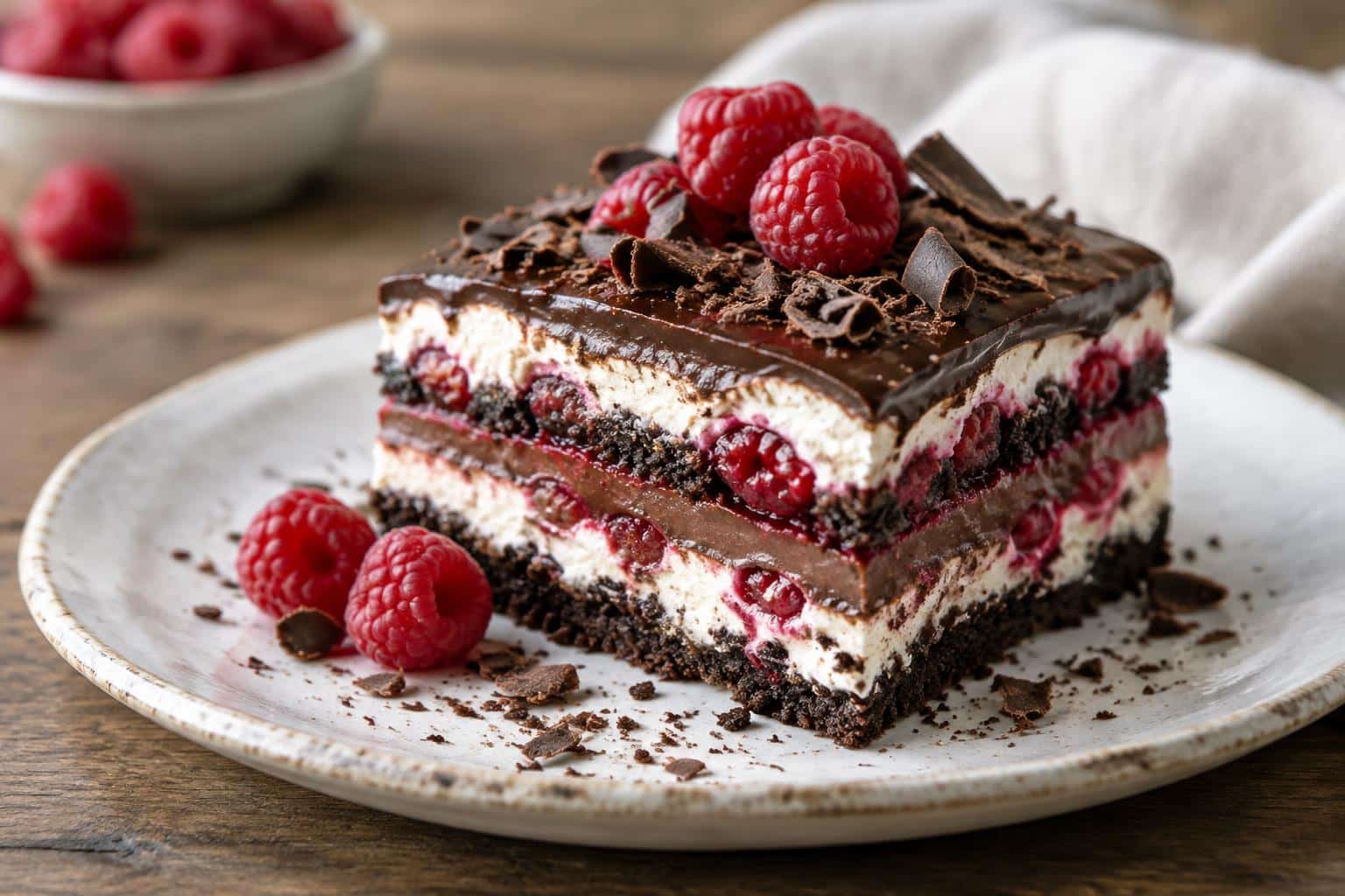 slice of raspberry chocolate lasagna showing layered dessert with fresh raspberries and chocolate