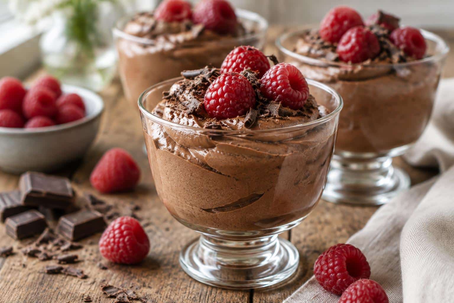 Decadent raspberry chocolate mousse cups topped with fresh raspberries and chocolate shavings