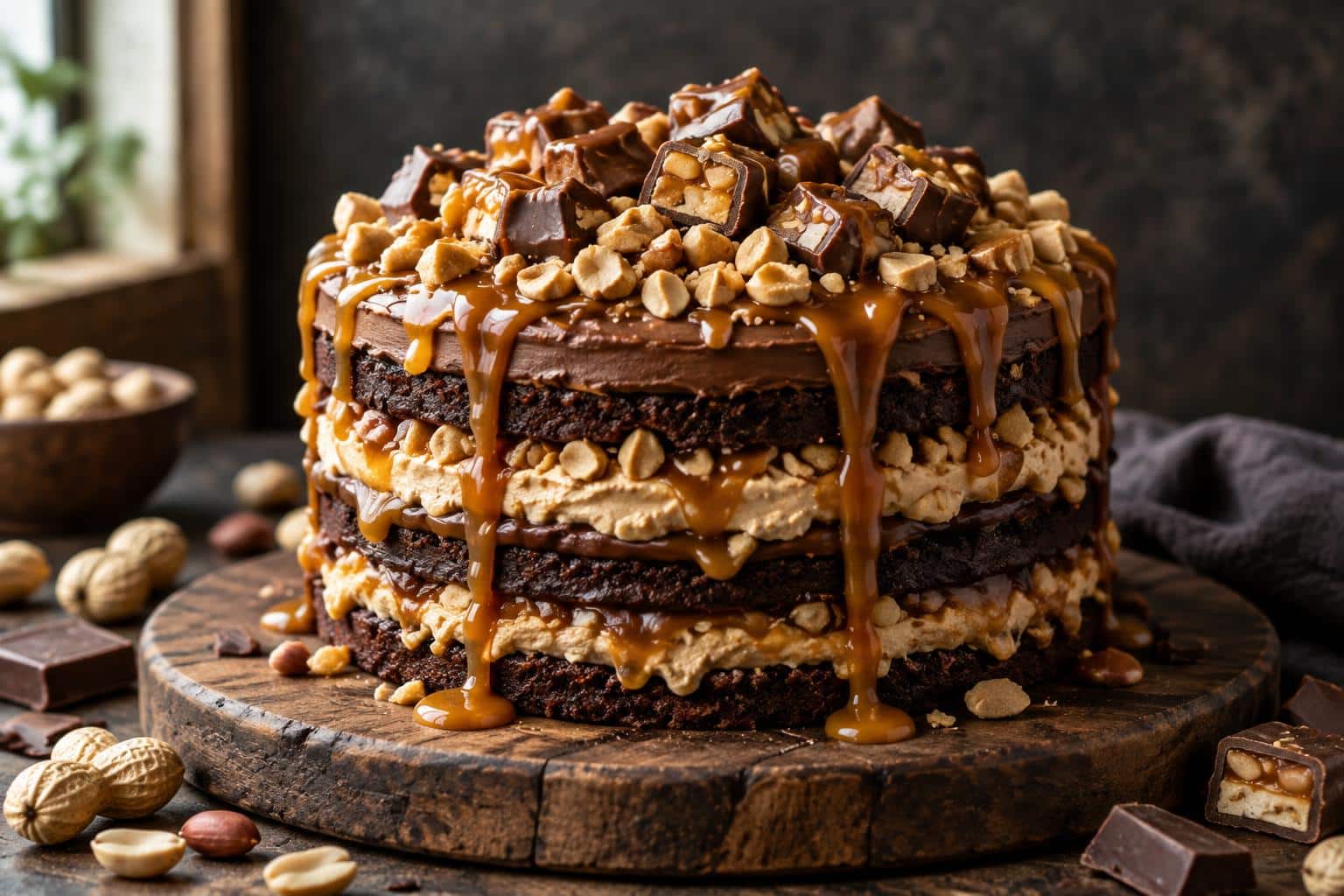 Rich snickers style cake with caramel and peanuts in soft natural light