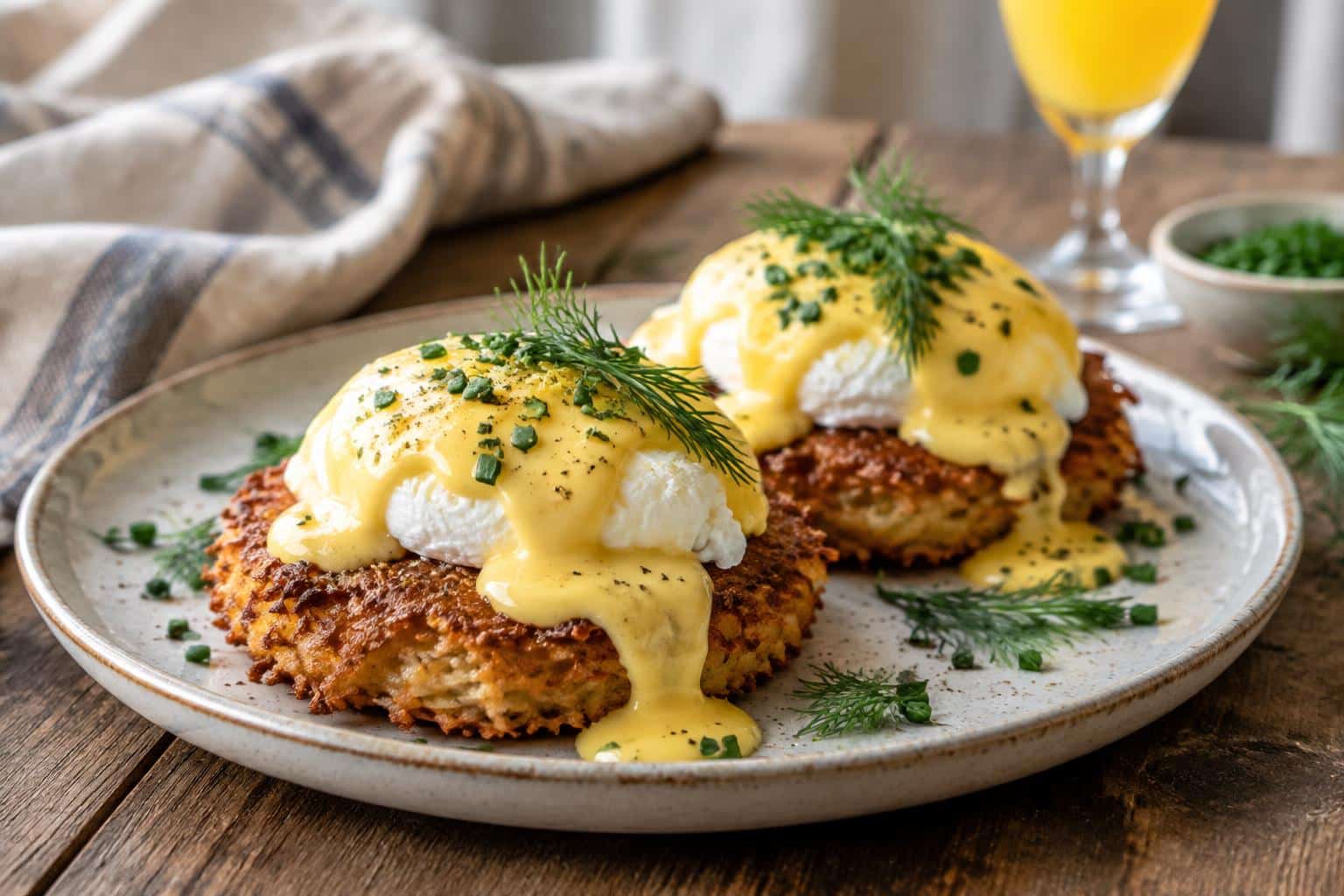 Crispy latke eggs benedict topped with hollandaise sauce and fresh herbs