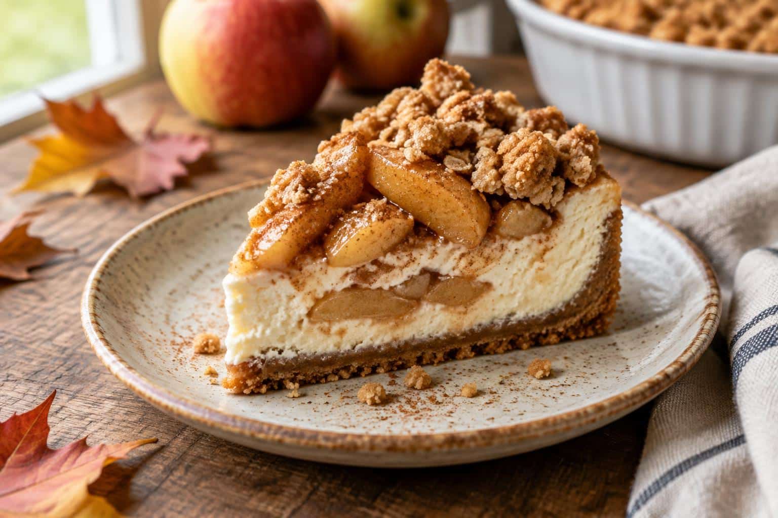 Slice of apple crisp cheesecake with spiced apple topping and crumble, showing apple crisp cheesecake layers