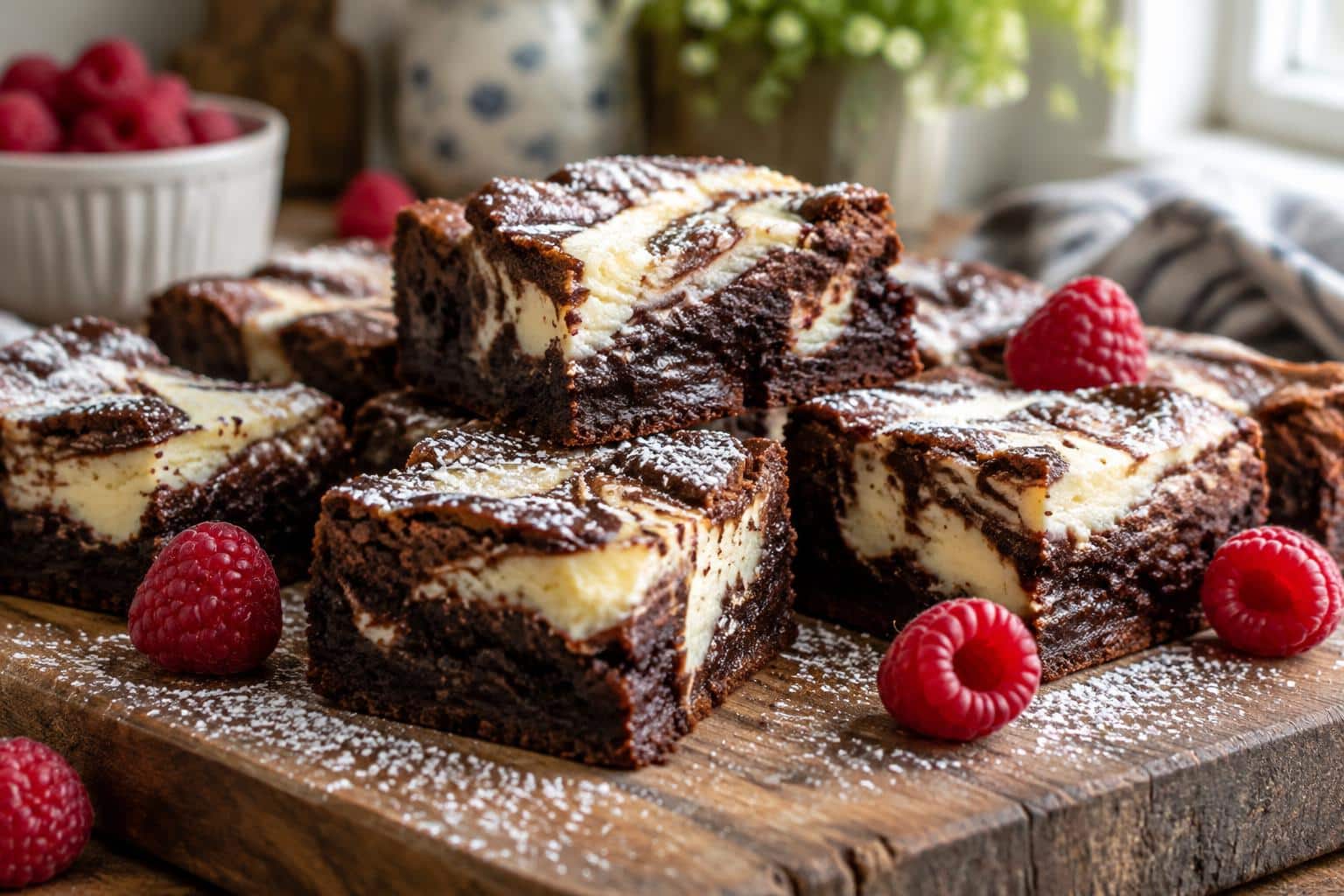 Fudgy cheesecake brownies with creamy marbled swirls on rustic board, cheesecake brownies dessert