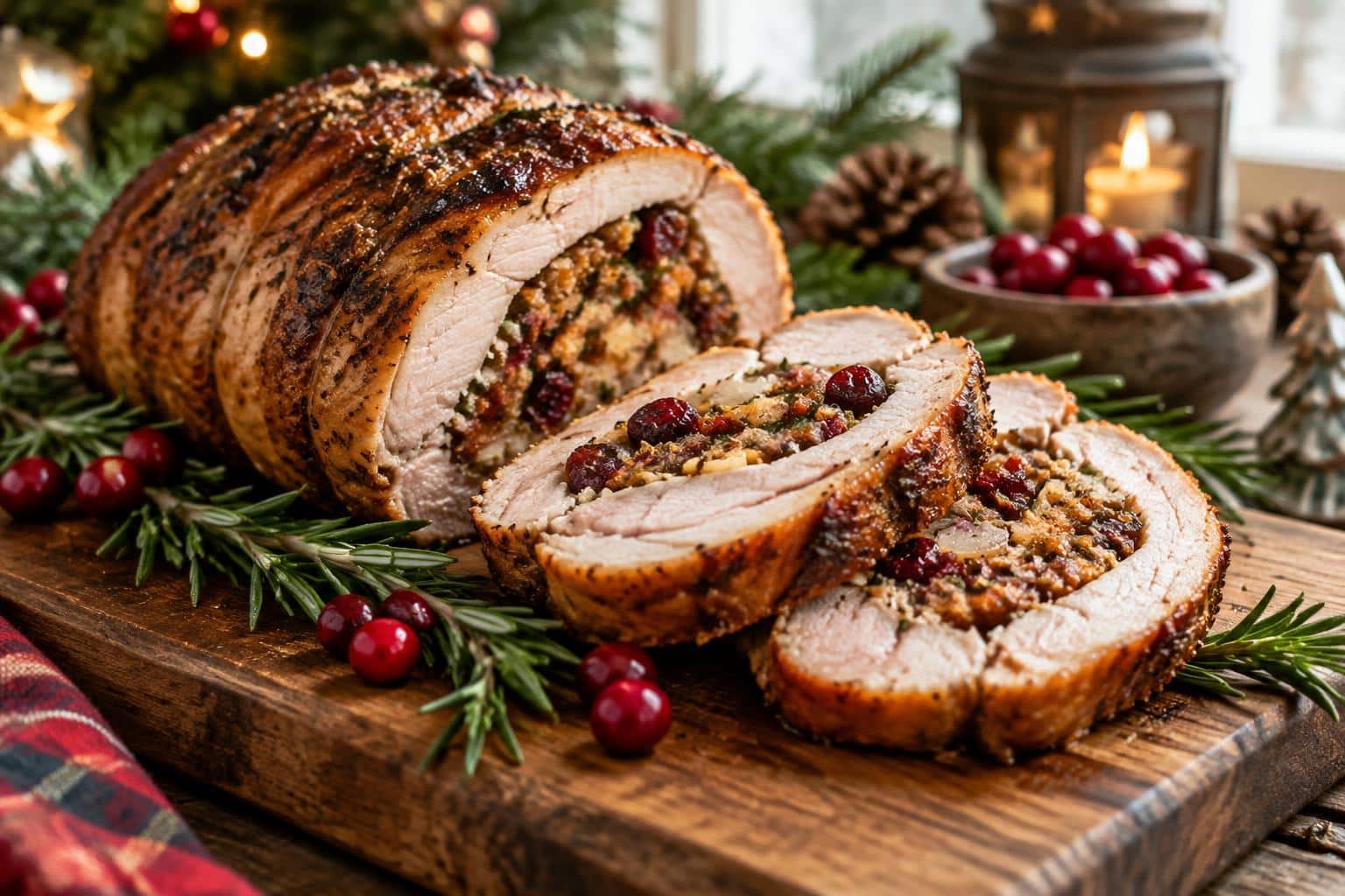 Christmas stuffed pork roast sliced on a wooden board with herbs and cranberries