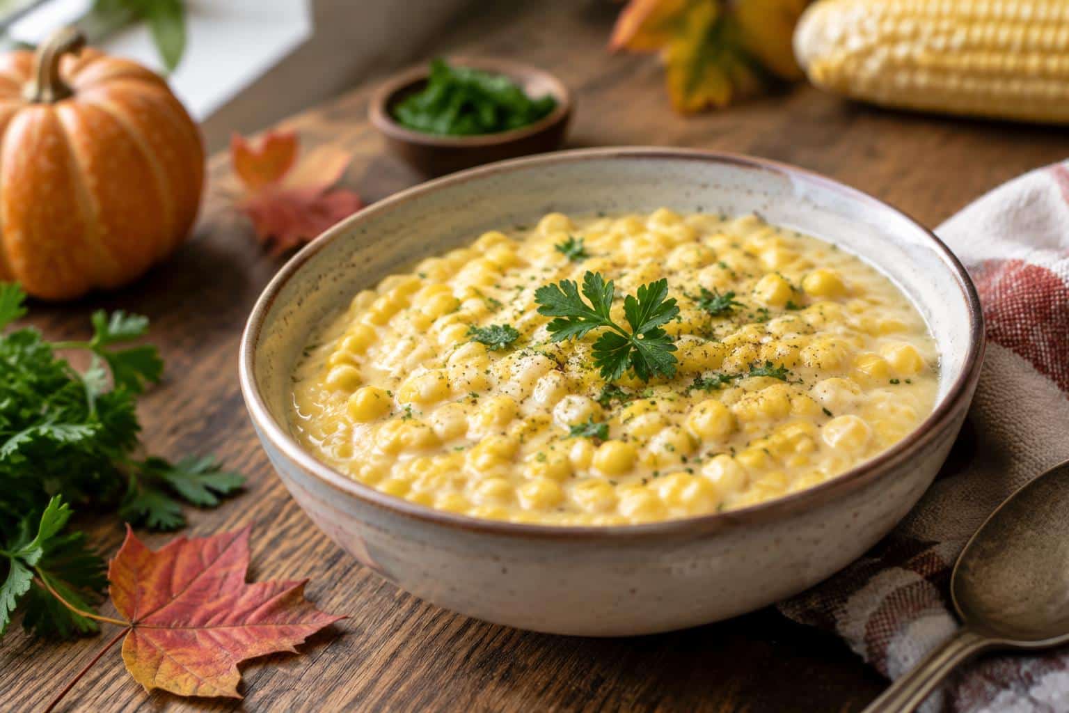 Creamy creamed corn Thanksgiving side dish with fresh herbs on rustic wooden table