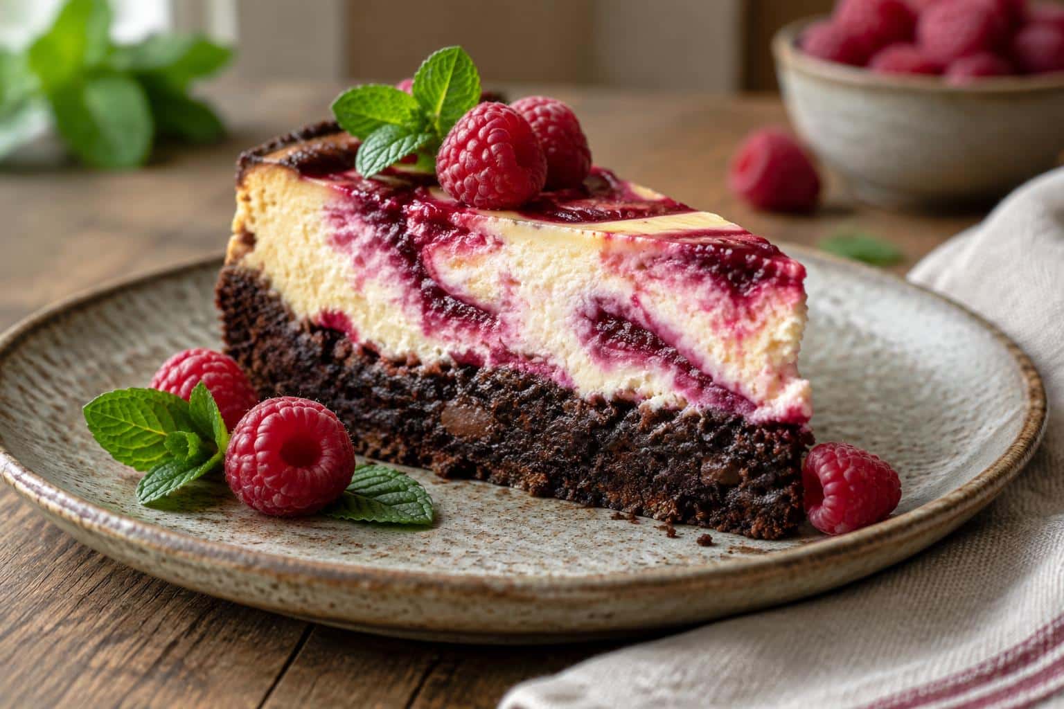 slice of himbeer brownie cheesecake with raspberry swirls and fresh raspberries on rustic plate