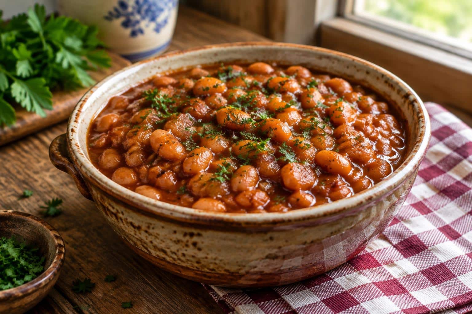 homemade baked beans in ceramic dish garnished with parsley with rich sauce
