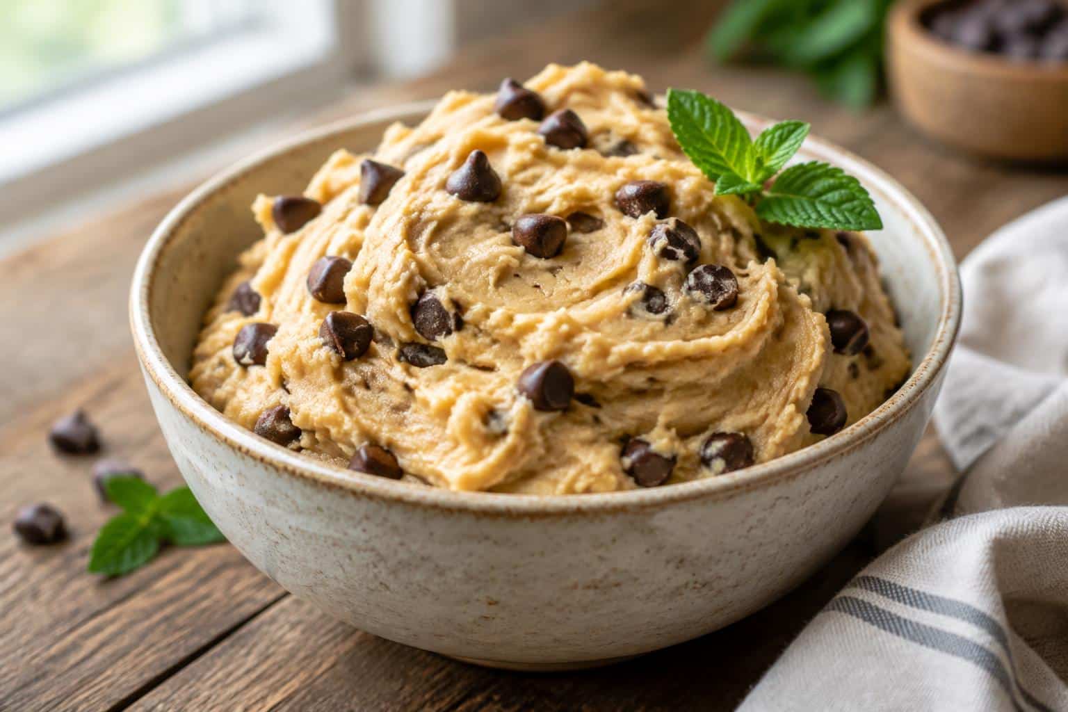 Bowl of creamy chocolate chip cookie dough ready to eat or bake