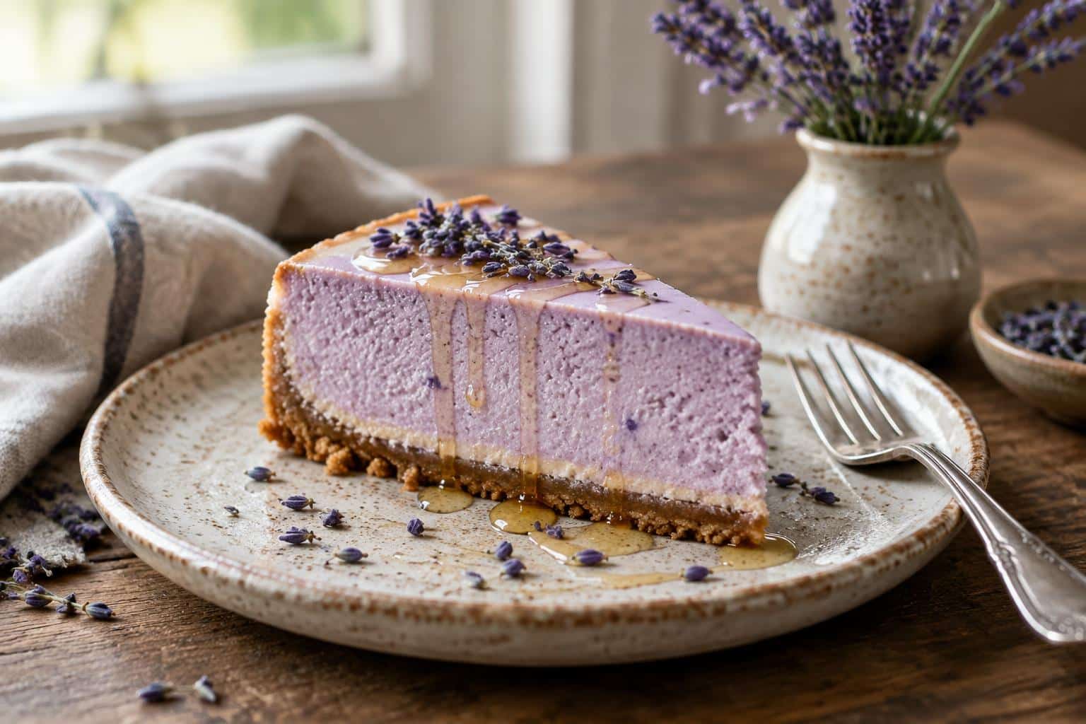 A slice of creamy lavender cheesecake with honey drizzle and lavender garnish on rustic plate