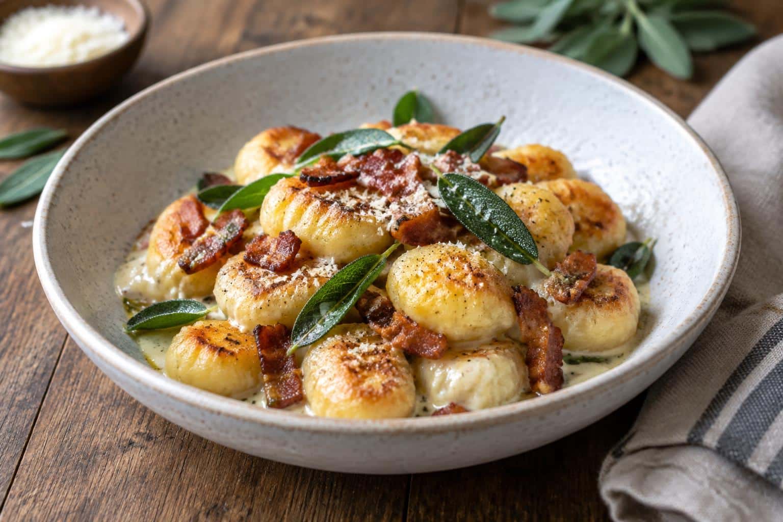 A bowl of millionaire gnocchi with creamy sauce and crispy pancetta, showcasing the millionaire gnocchi dish