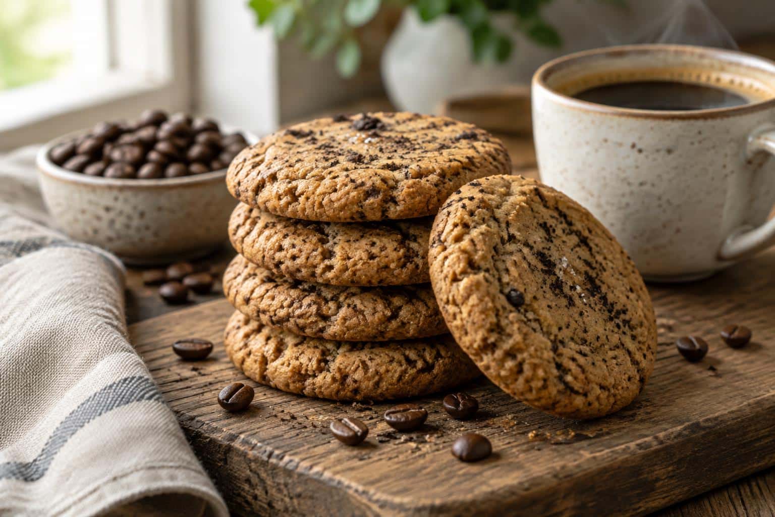 Freshly baked coffee cookies stacked on a wooden board with espresso specks visible