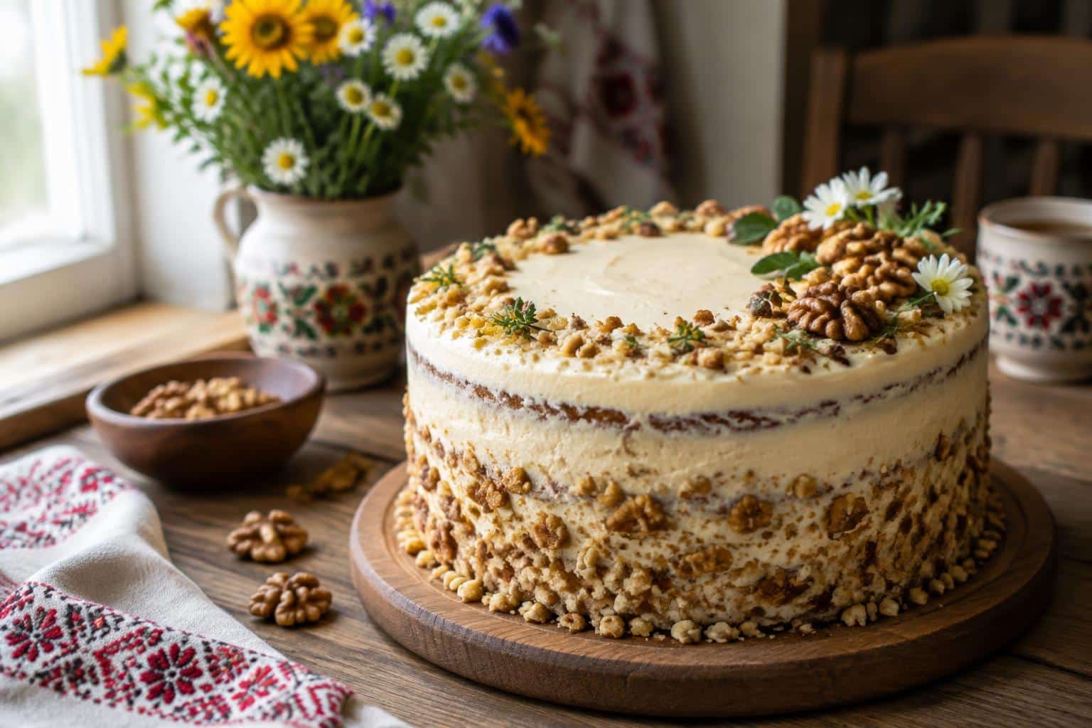 Layered Ukrainian birthday cake with creamy frosting and nut garnish, birthday cake recipe