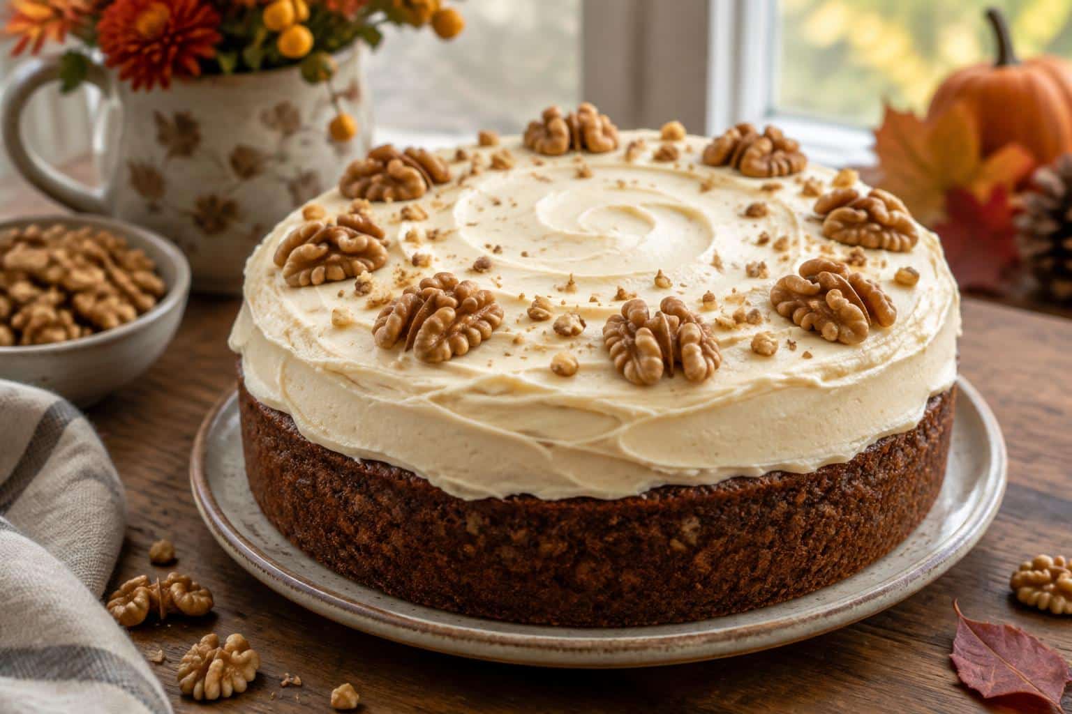 Delicious walnut cake buttercream topped with walnut halves and smooth frosting