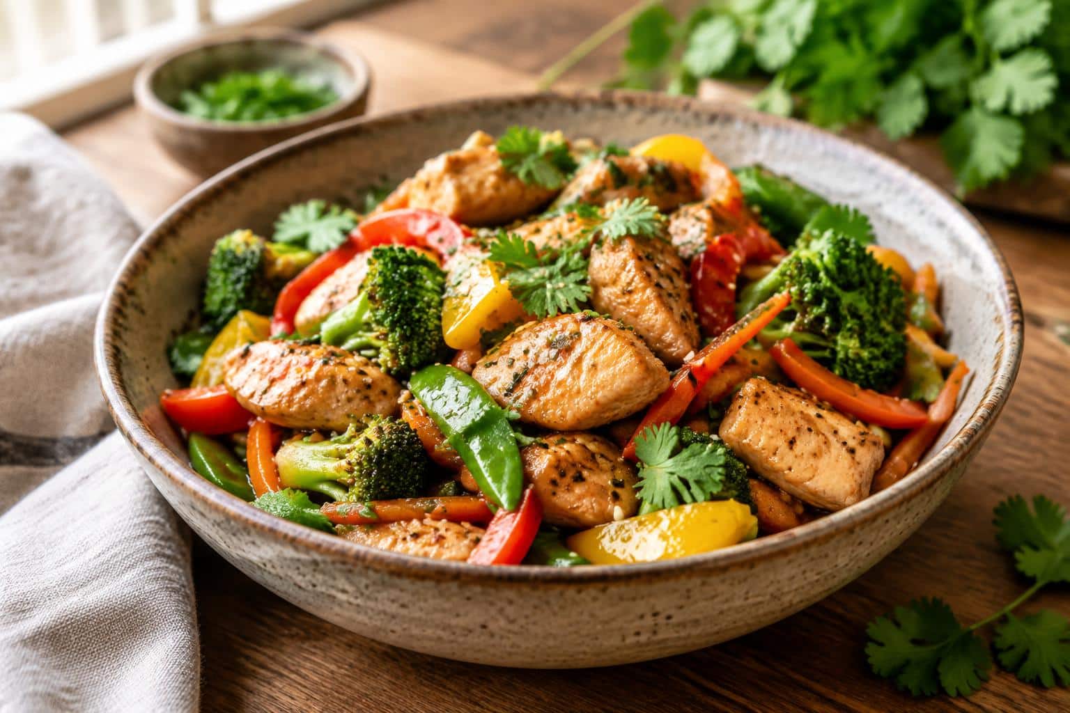 Delicious budget friendly meals with skillet chicken and vegetable stir-fry in a rustic bowl