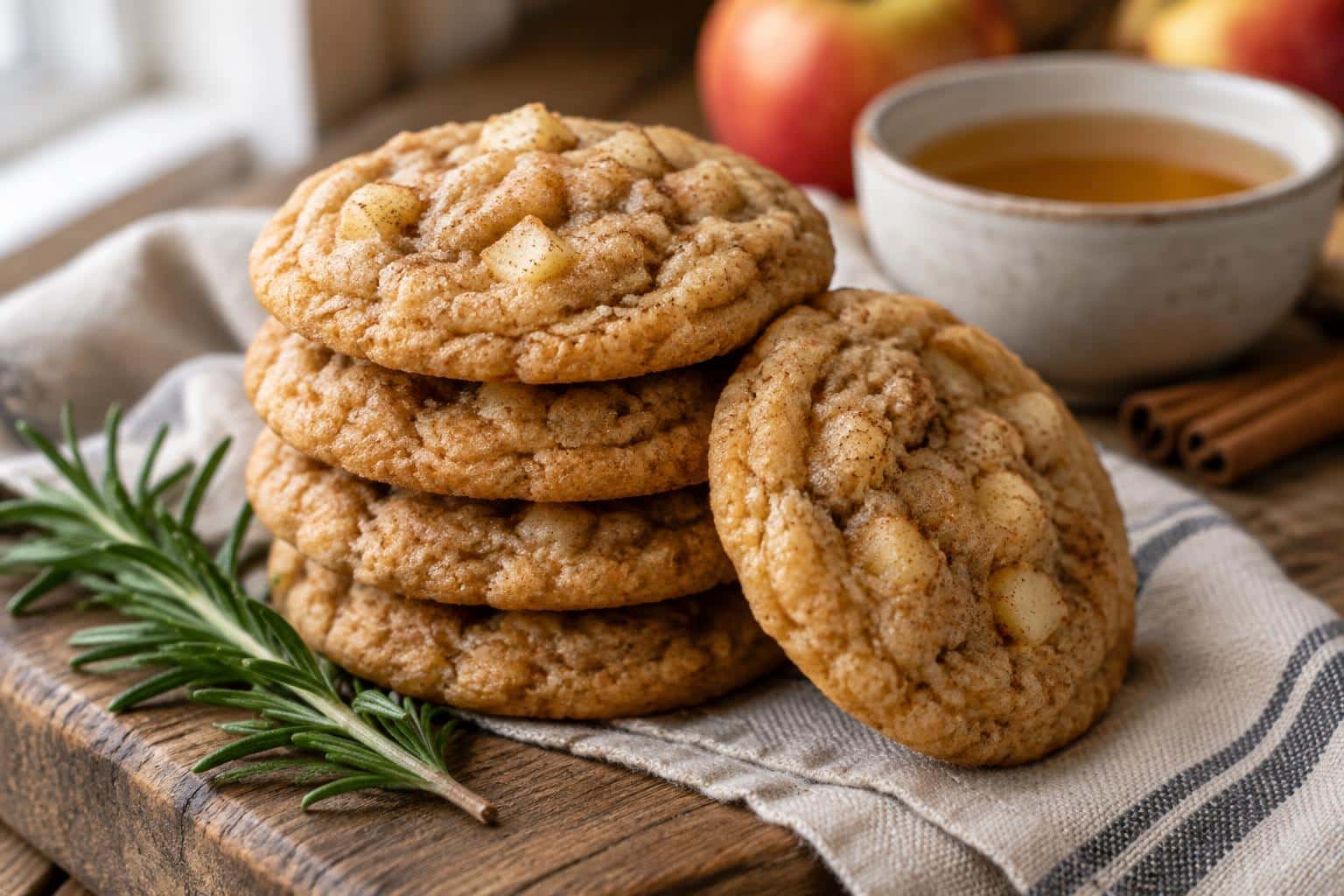 Stack of soft apple cider cookies with cinnamon specks and rosemary garnish